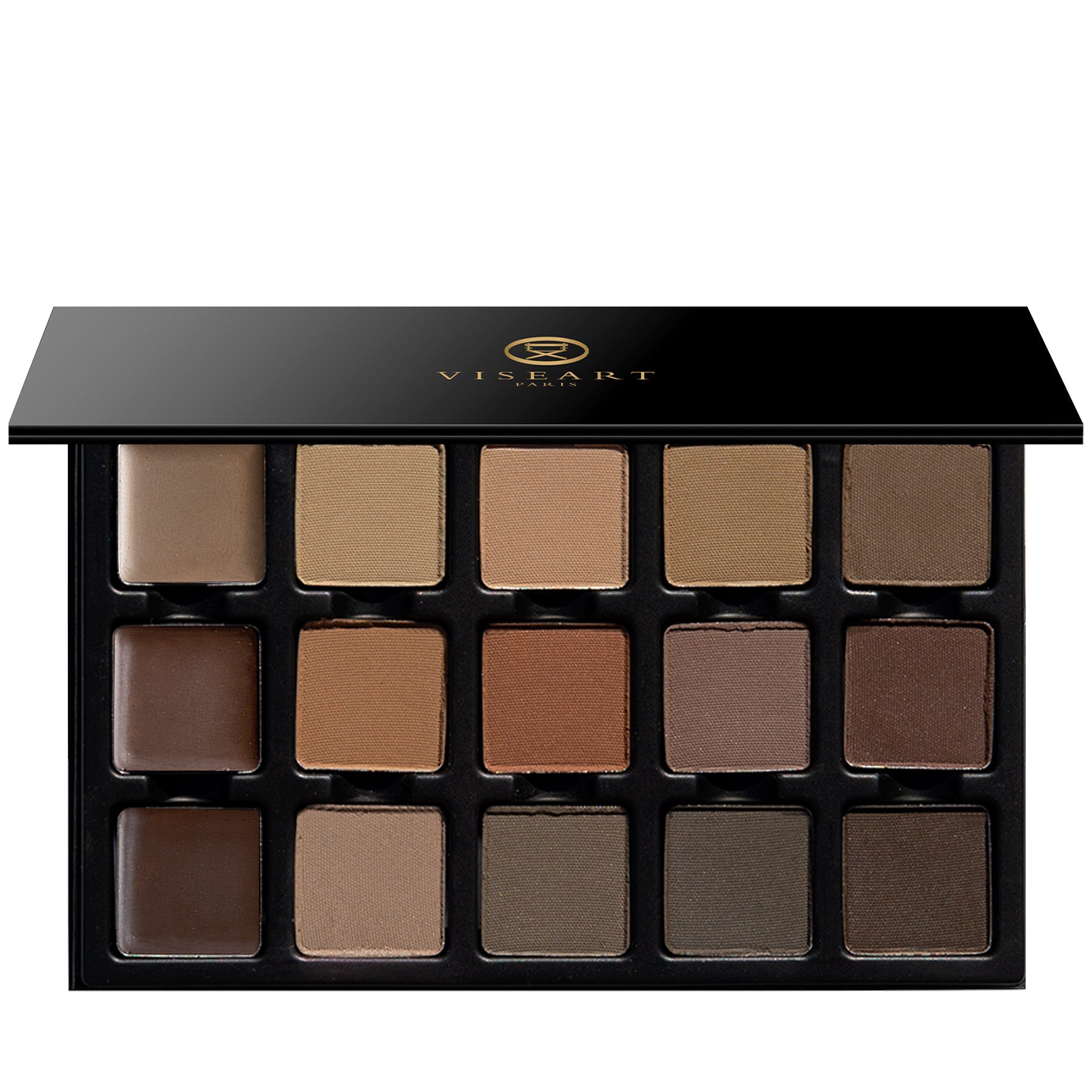 Open VisePRO™ 15-Pan Structure Palette displaying 3 waxes and 12 pressed powders in a range of neutral, ash, and auburn tones for brows, hairlines, and contouring.