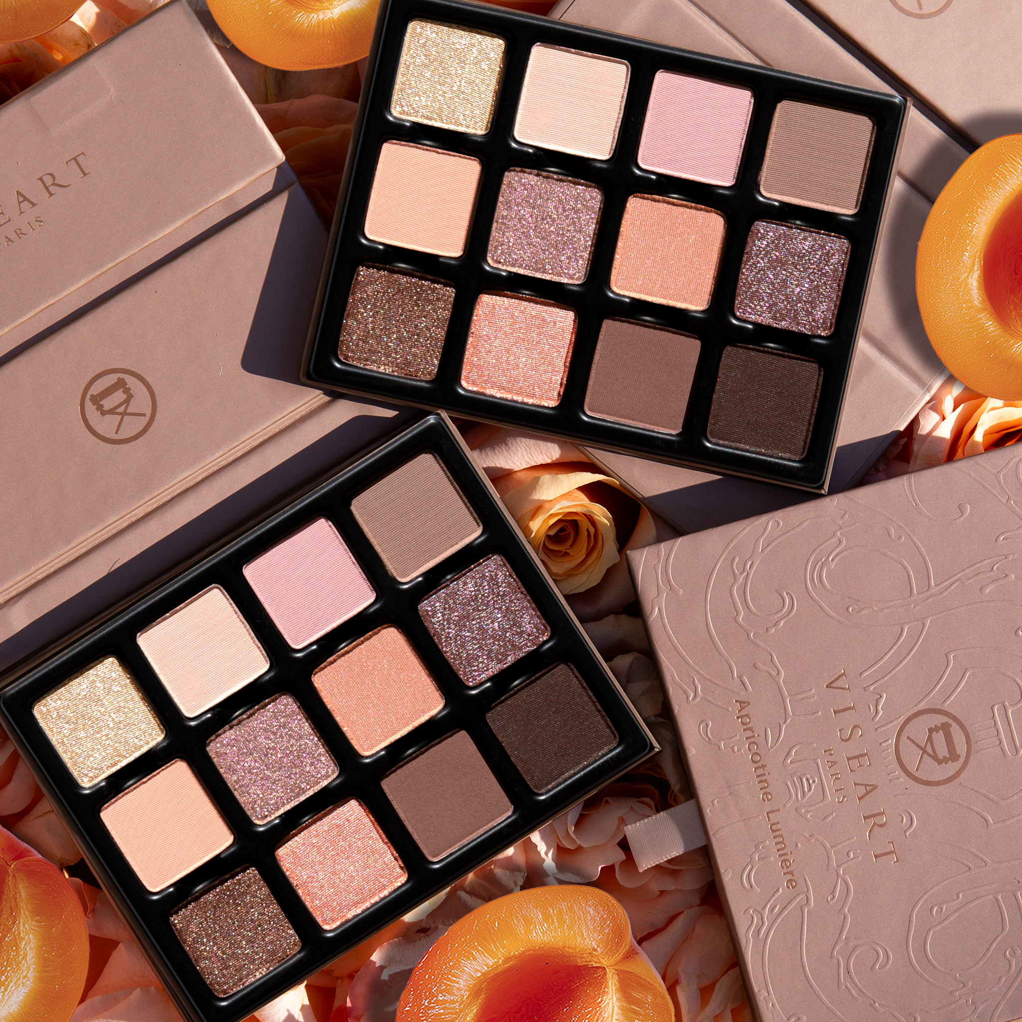 Apricotine Lumière Étendu eyeshadow palette flatlay with Viseart Paris palettes