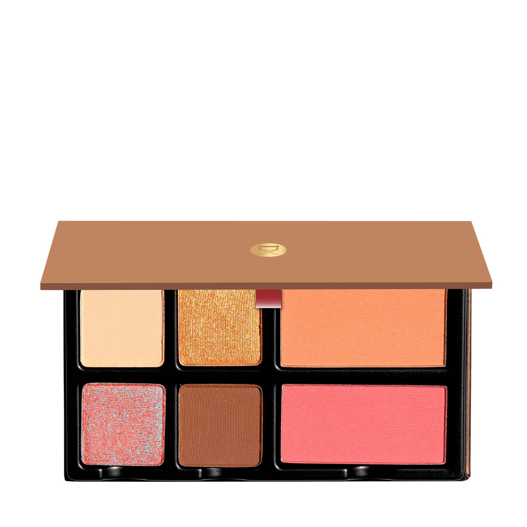 Fleurette Bisous open palette with rose pink, petal peach, and coral tones in matte and satin shimmer finishes for cheeks and eyes.