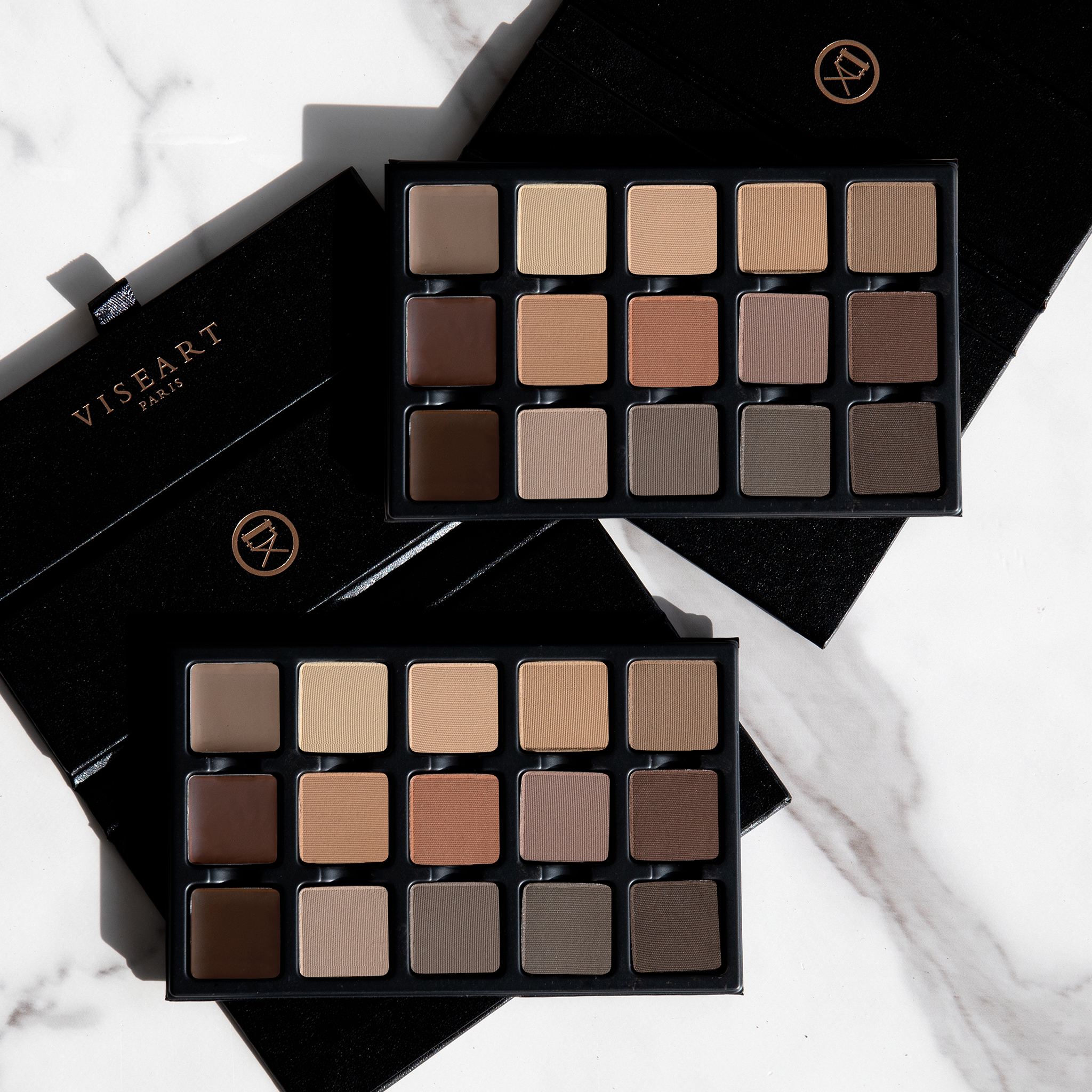 Open VisePRO™ 15-Pan Structure Palette displaying 3 waxes and 12 pressed powders in a range of neutral, ash, and auburn tones for brows, hairlines, and contouring.