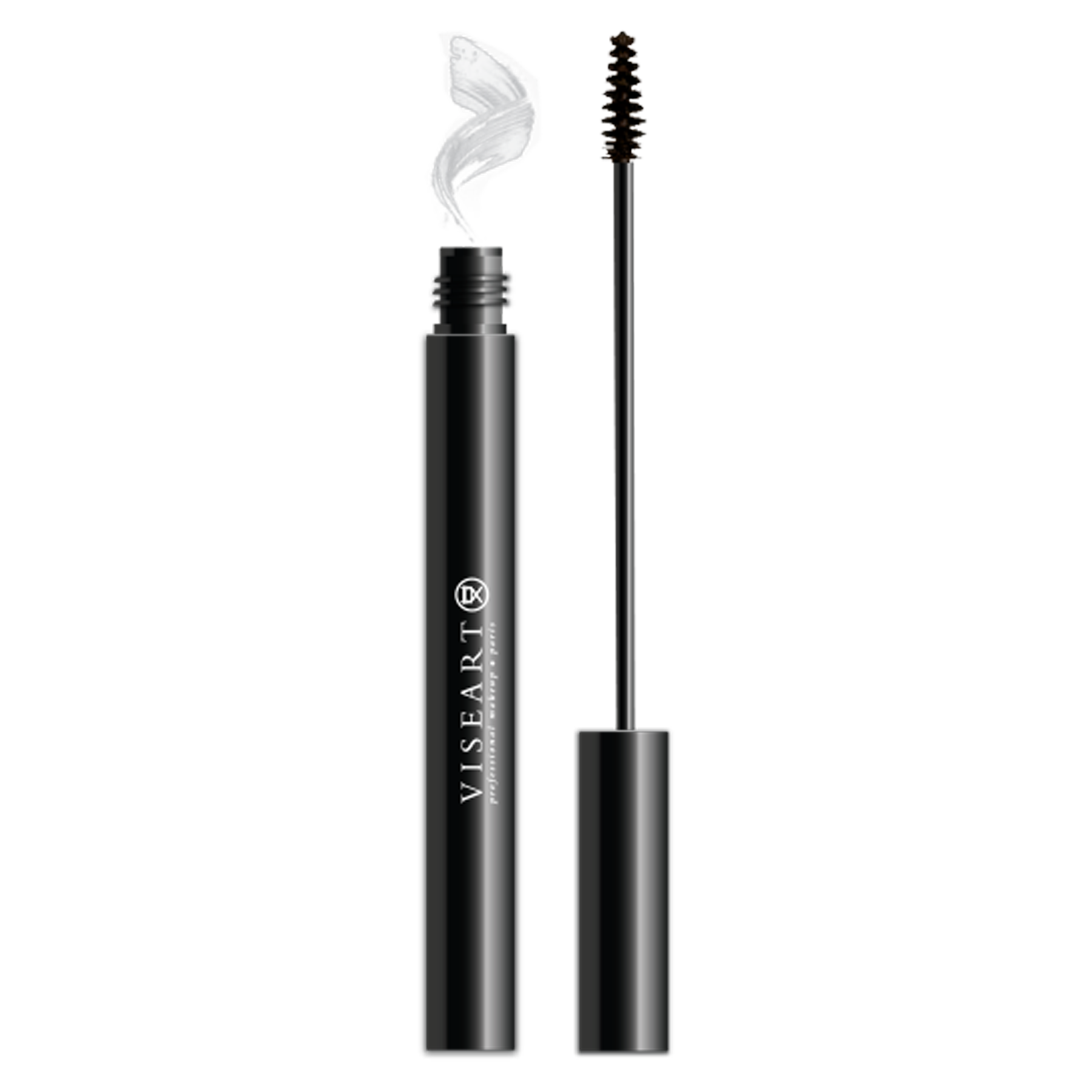 Viseart Clear Brow Setting Gel in a sleek, transparent tube with a black cap, showcasing the clear gel formula and precision spoolie applicator.