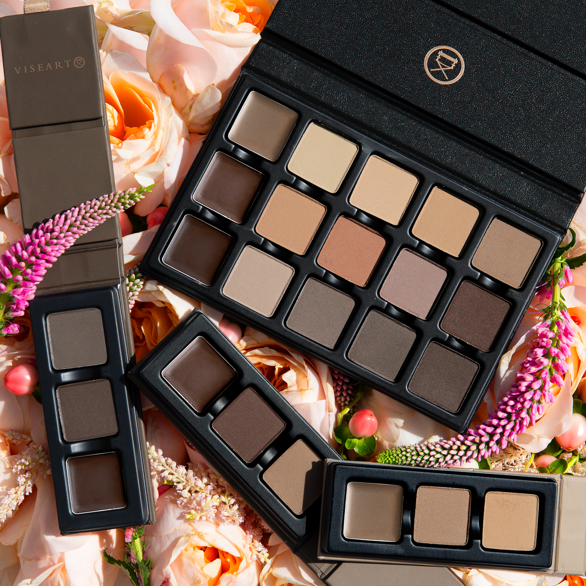 Viseart Brow Trio range and 15-pan Brow Structure palette shown together as a complete artist system for brow definition and shaping.