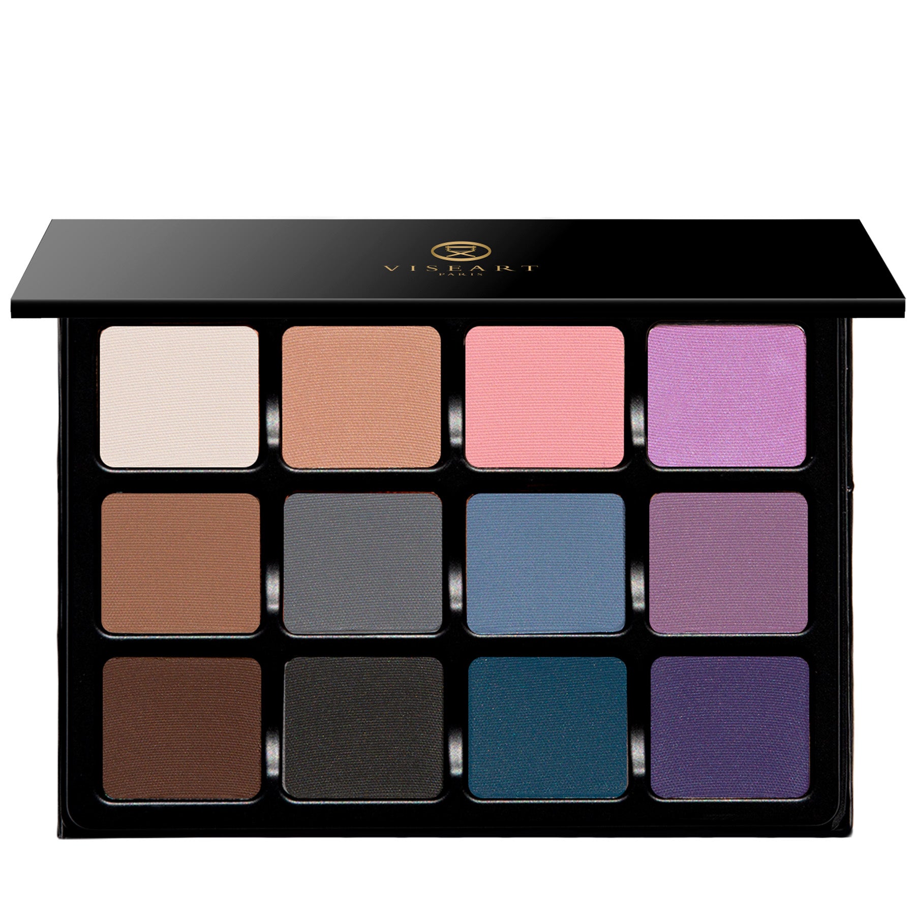 Open palette featuring cool-toned matte shades from slate to lilac, ideal for contour and sculpting with a modern edge.