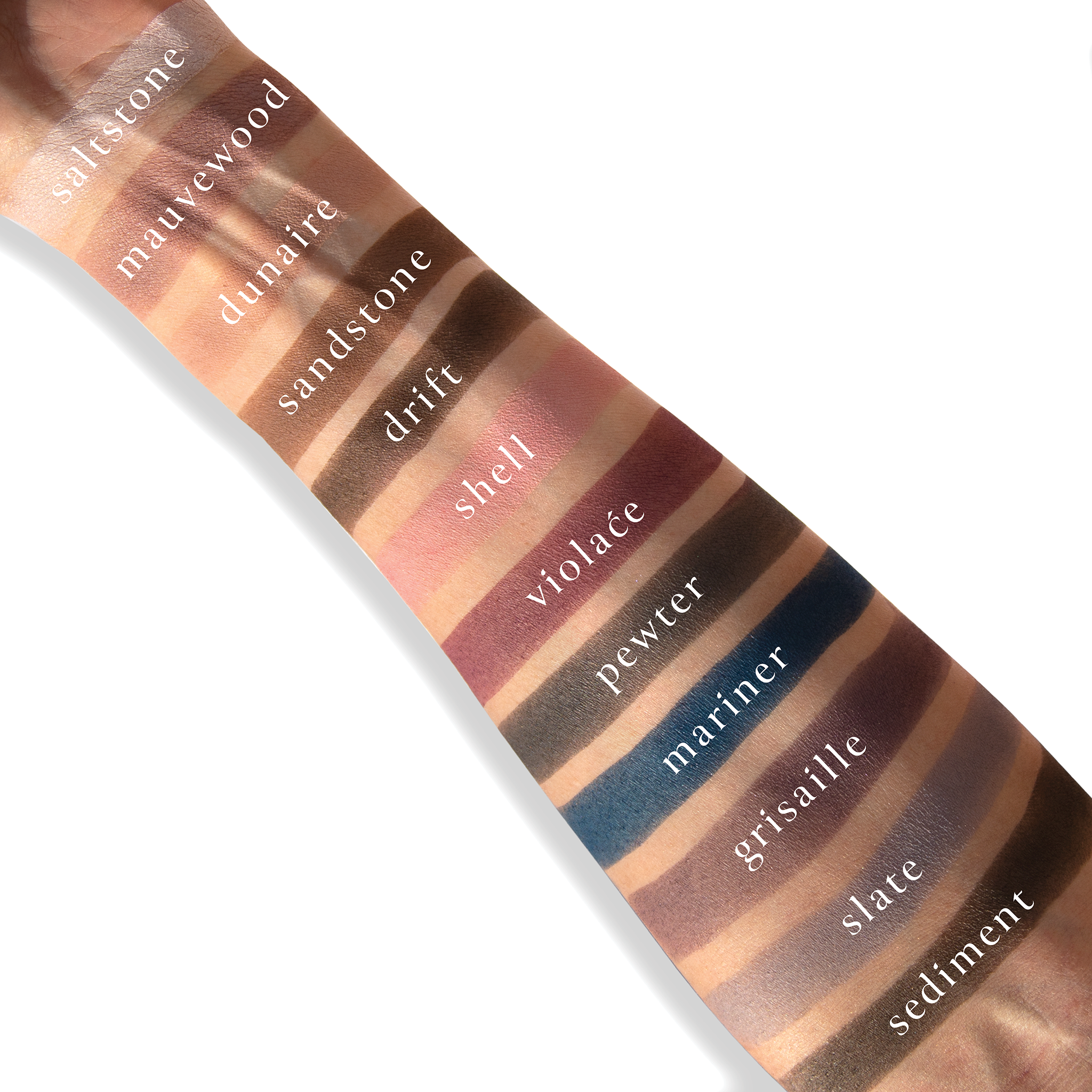 Swatches of taupe, bark, stone, and plum from Cool Original VisePRO on fair skin tone.