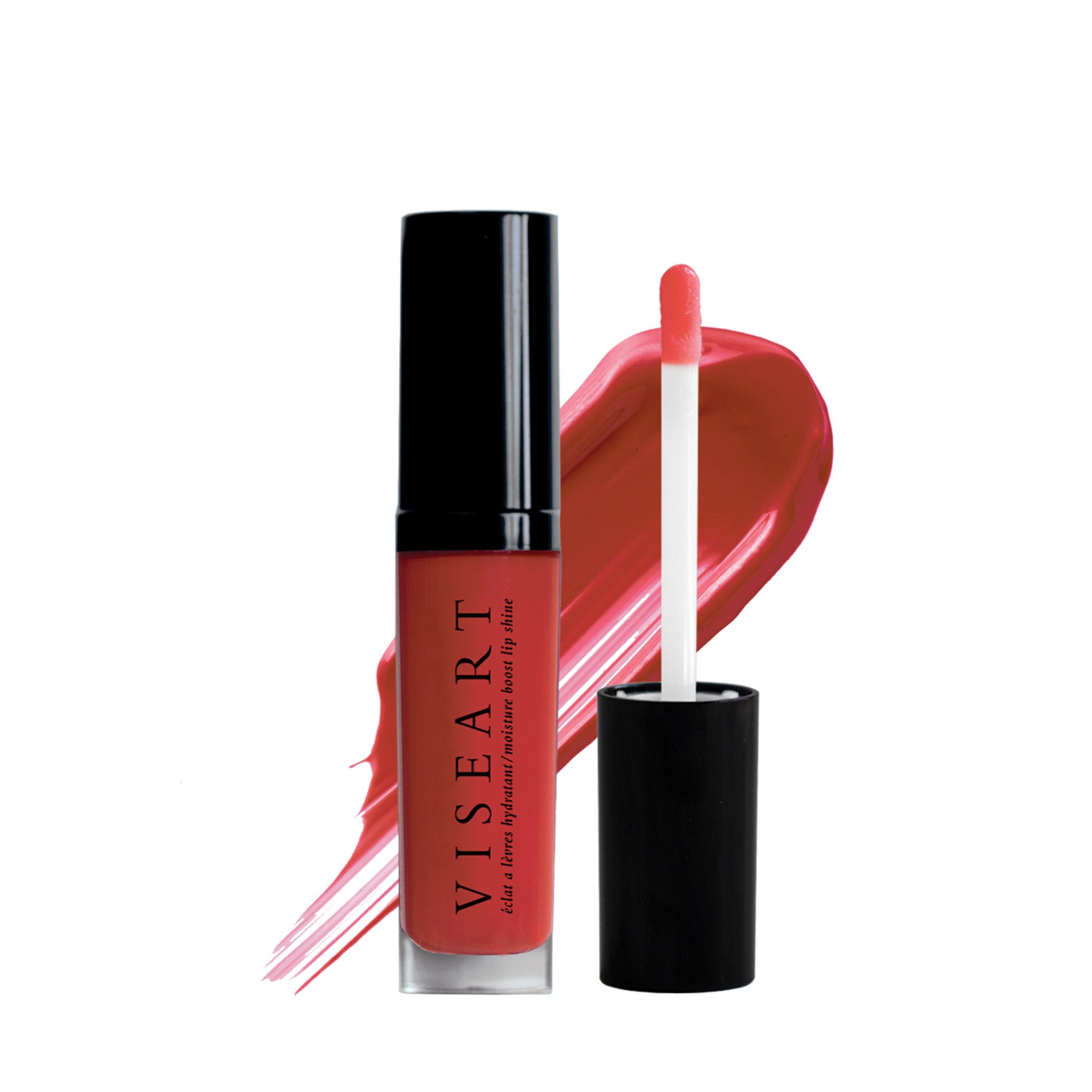 Viseart Moisture Boost Oil Lip Shine in ‘Coucou’ – a clear tube with black cap, displaying a warm coral-tinted lip oil.