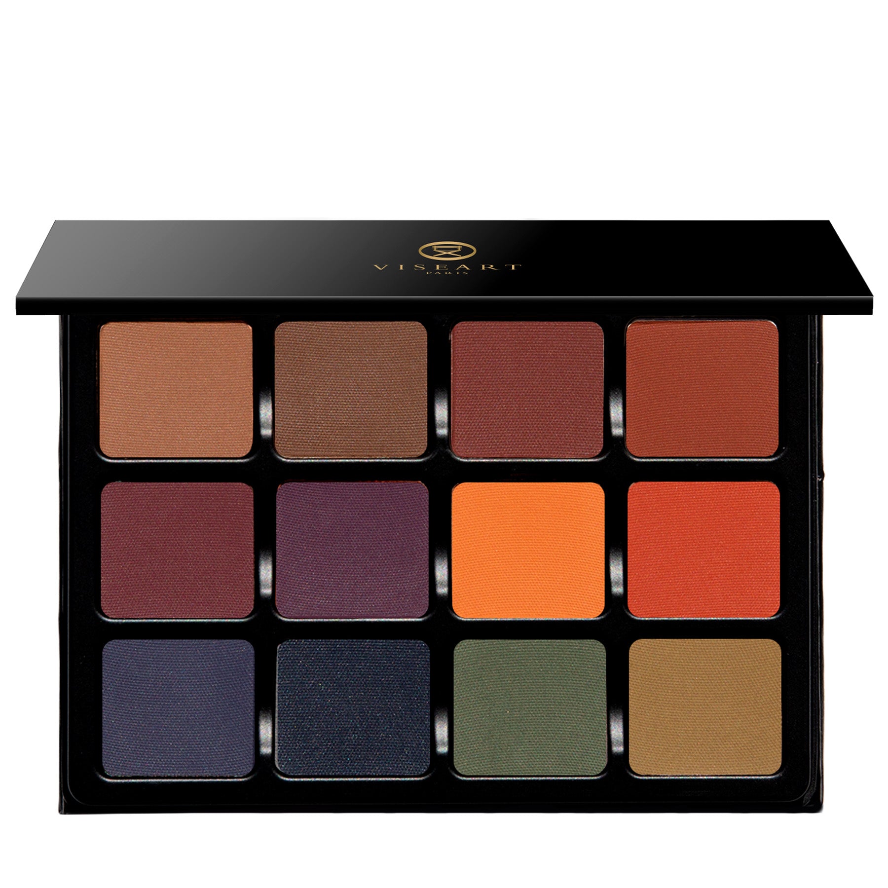 Open palette with deep matte shades like navy, oxblood, and bark, ideal for smoky definition and deep sculpting.