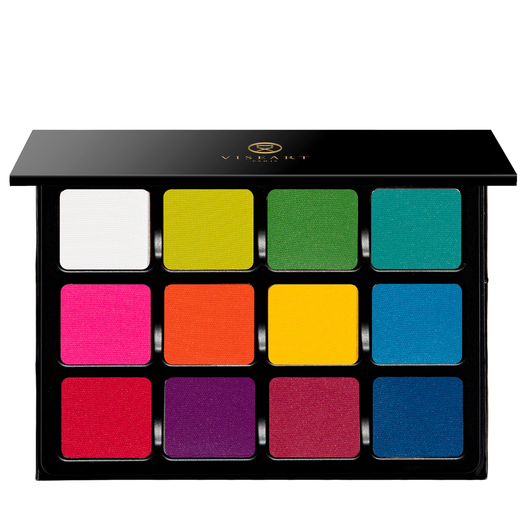 Open palette of 12 vivid matte brights including red, cobalt, yellow, and green, designed for editorial and artistic looks.