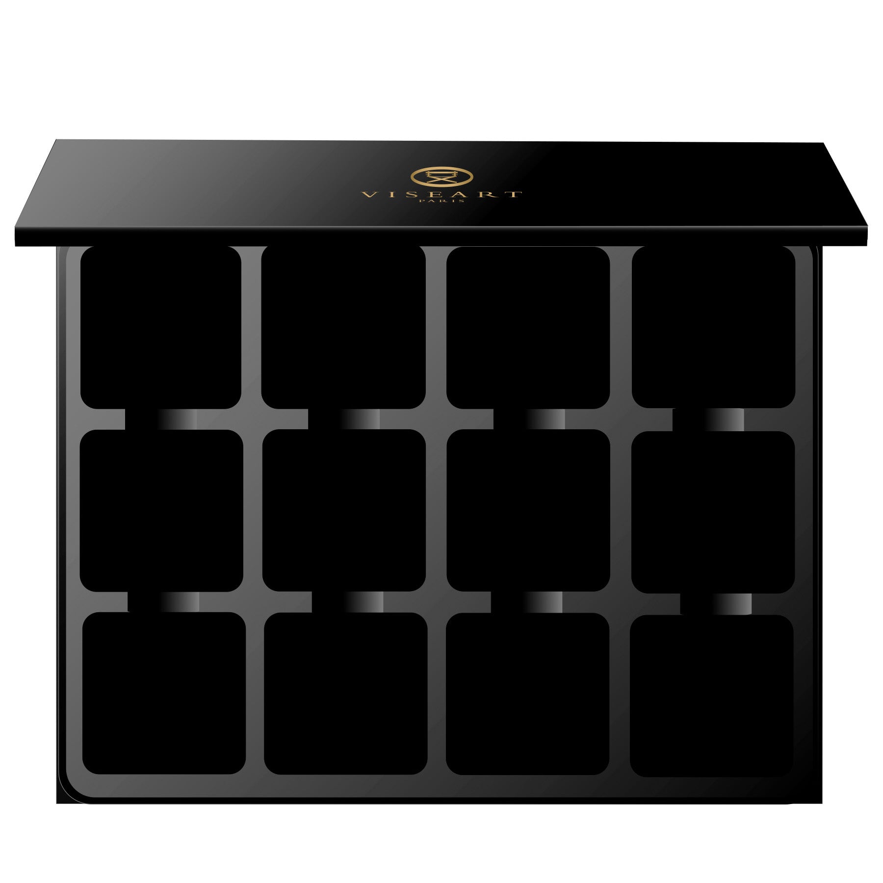 Viseart Empty 12-Well 1.5g VisePRO™ Magnetic Palette Case — a sleek black palette with a magnetic base, accommodating twelve 1.5g eyeshadow pans