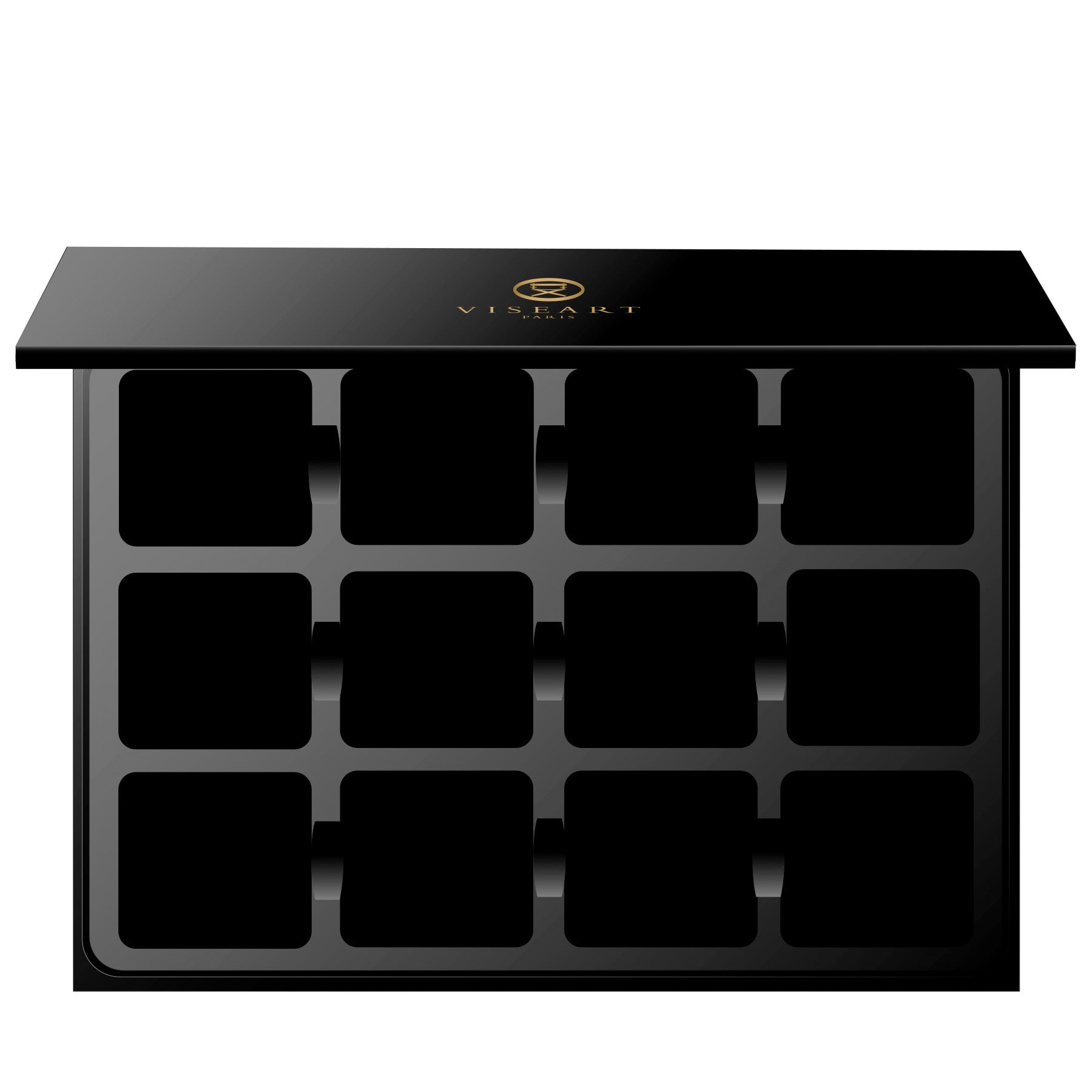 Single product image: Viseart Empty 12-Well 2g VisePRO™ Magnetic Palette Case — a professional-grade black palette with a magnetic base, designed for twelve 2g eyeshadow pans.