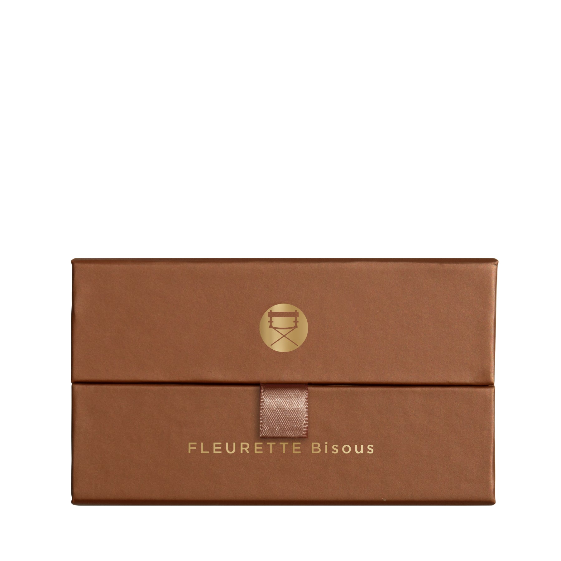 Closed Carton of Fleurette Bisous palette with rose pink, petal peach, and coral tones in matte and satin shimmer finishes for cheeks and eyes.