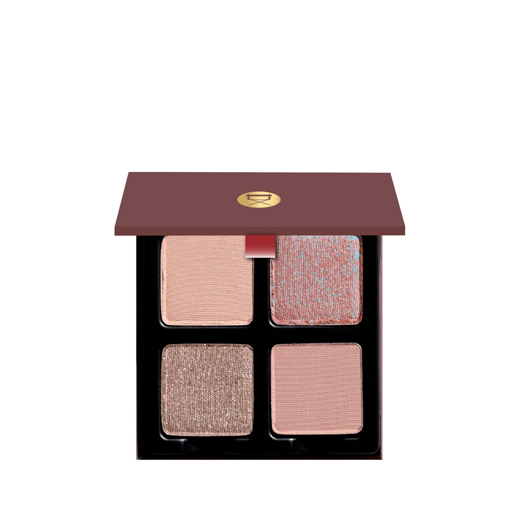 Open Petits Fours - Hesperides 4-pan palette on white background showcasing matte and metallic pressed powders in rose, mauve, and nude hues.