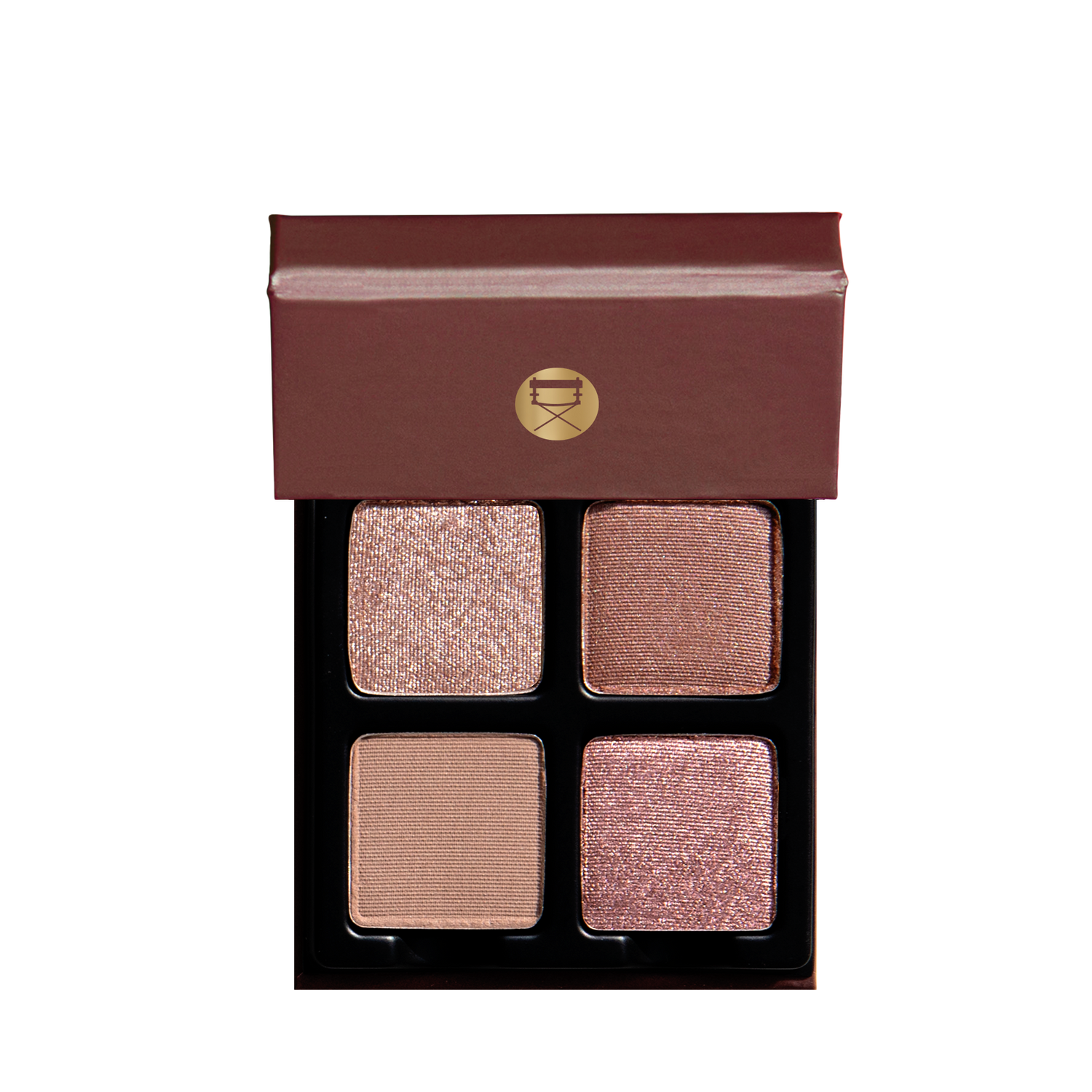 Open Petits Fours - Isolde 4-pan palette on white background showcasing pressed powders in rose, nude shimmer, and soft satin tones.