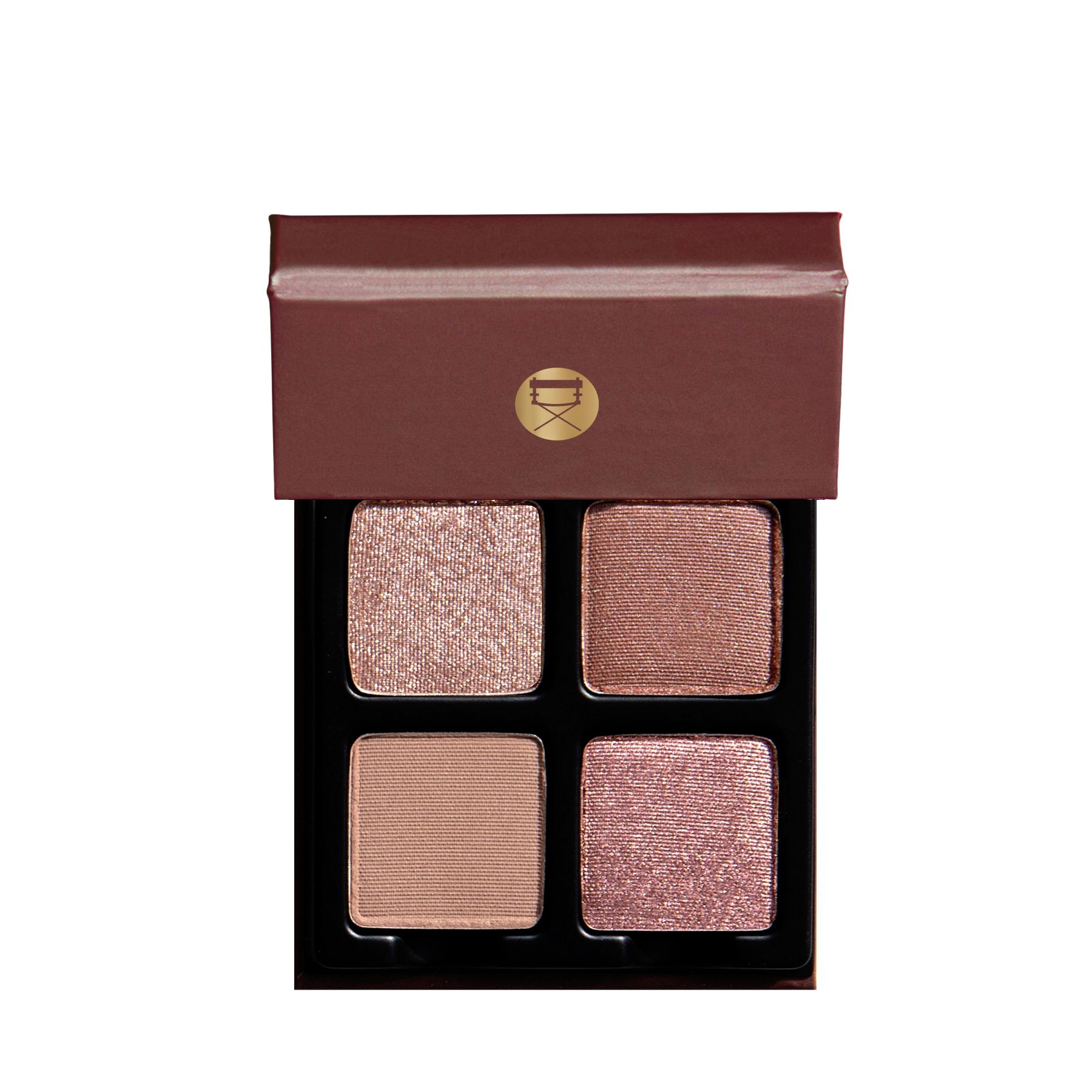 Open Petits Fours - Isolde 4-pan palette on white background showcasing pressed powders in rose, nude shimmer, and soft satin tones.