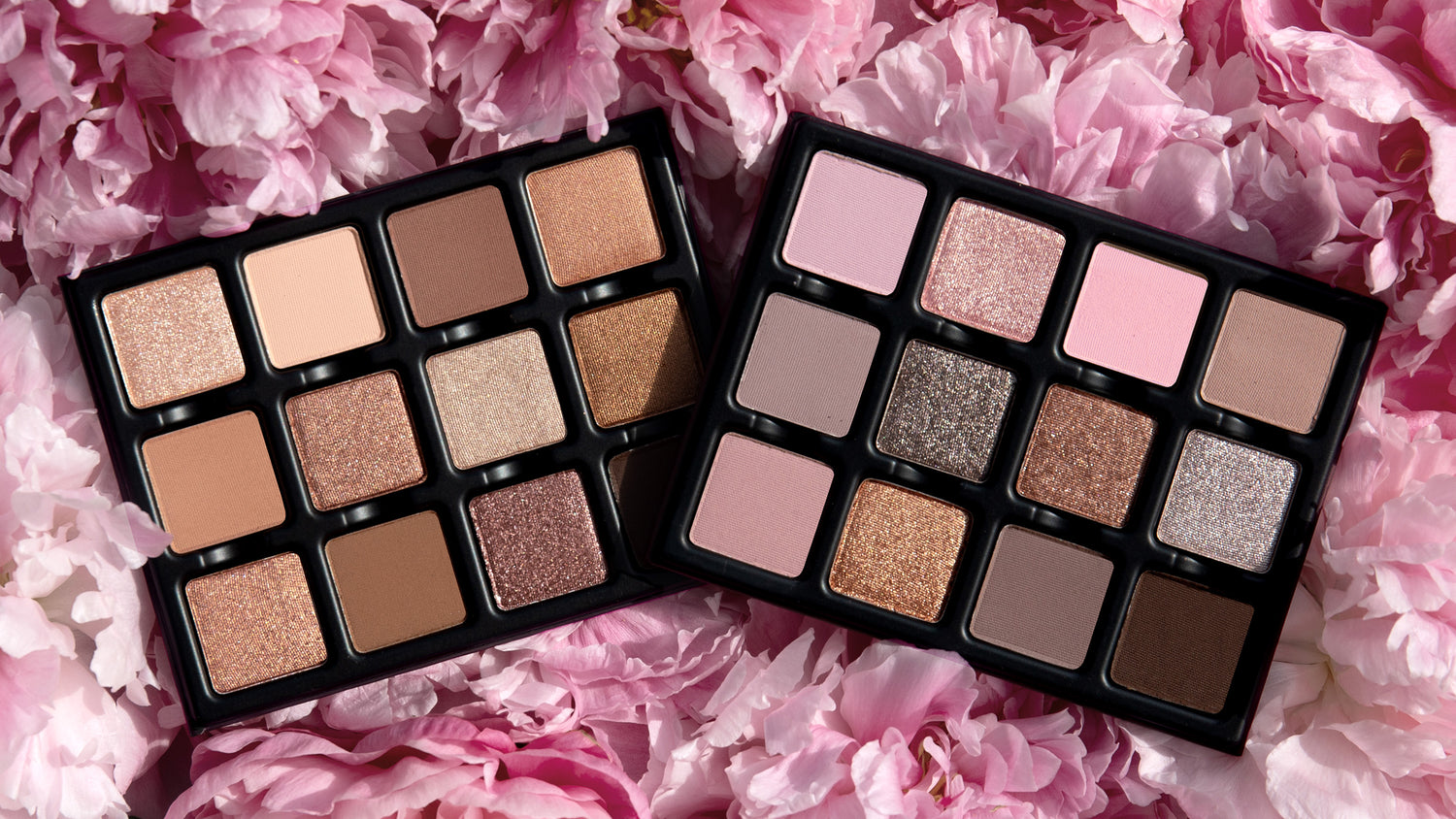 Group shot of  Lilas Lumière and Praline Étendu palettes showcasing luminous lilac, cool rose, warm bronze, sunlit caramel, and buttercream shimmer