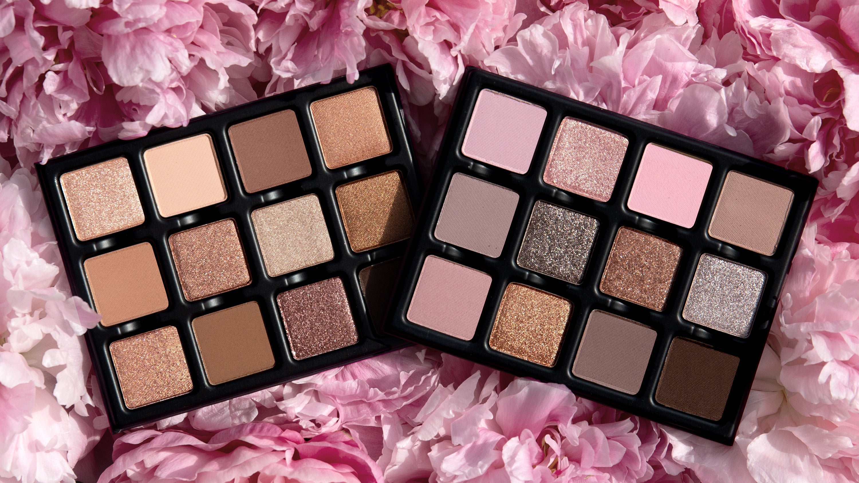 Group shot of Lilas Lumière and Praline Étendu palettes showcasing luminous lilac, cool rose, warm bronze, sunlit caramel, and buttercream shimmer