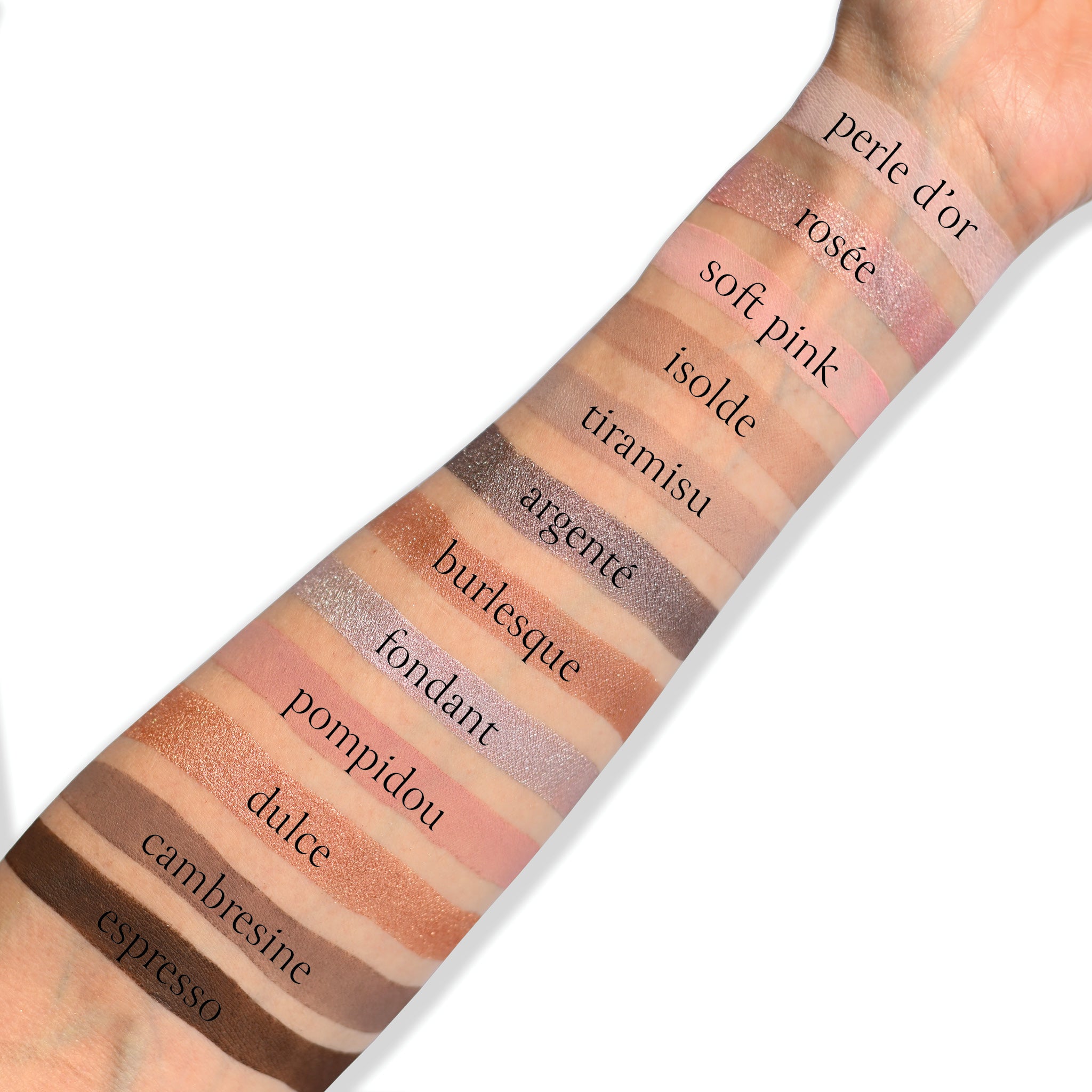 Swatches of Lilas Lumière Étendu eyeshadow palette with spring cool rose, silver taupe, ballet pink, lavender shimmer