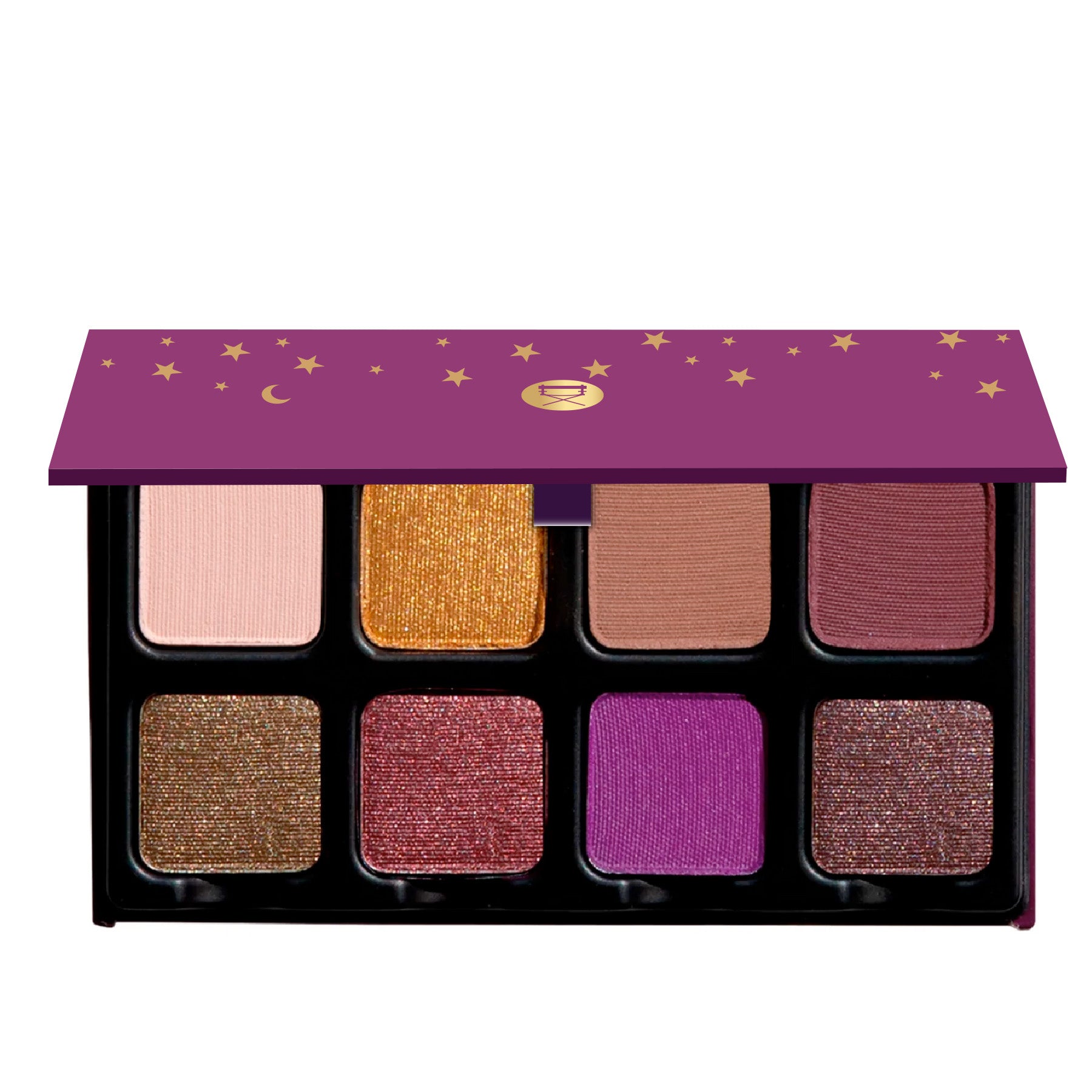 Open view of Petit Pro London Étoile featuring cool plum, deep aubergine, and smoky violet shades in matte and shimmer finishes.