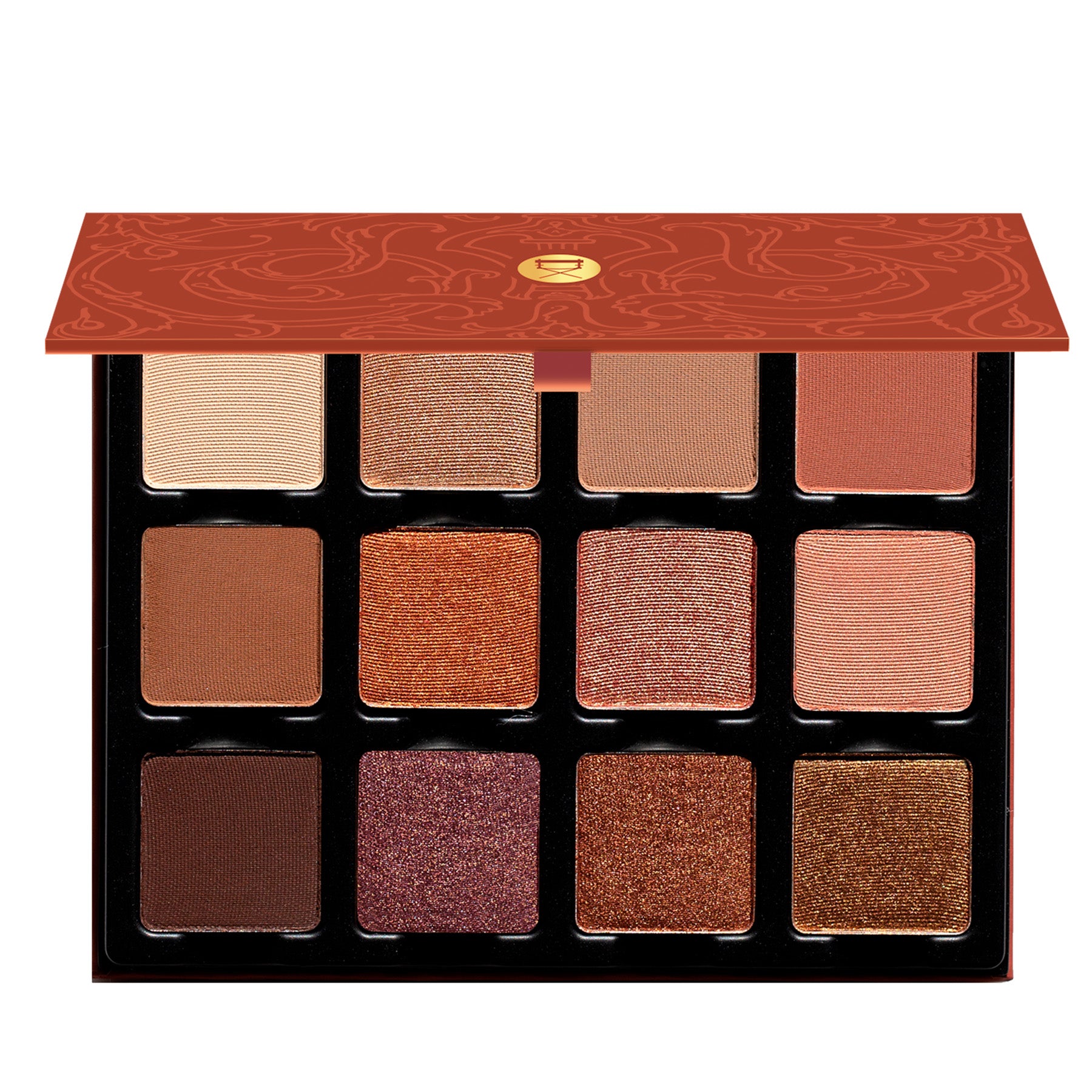 Open palette of rich warm neutrals including espresso, bronze, and terracotta with matte, satin, and shimmer finishes.