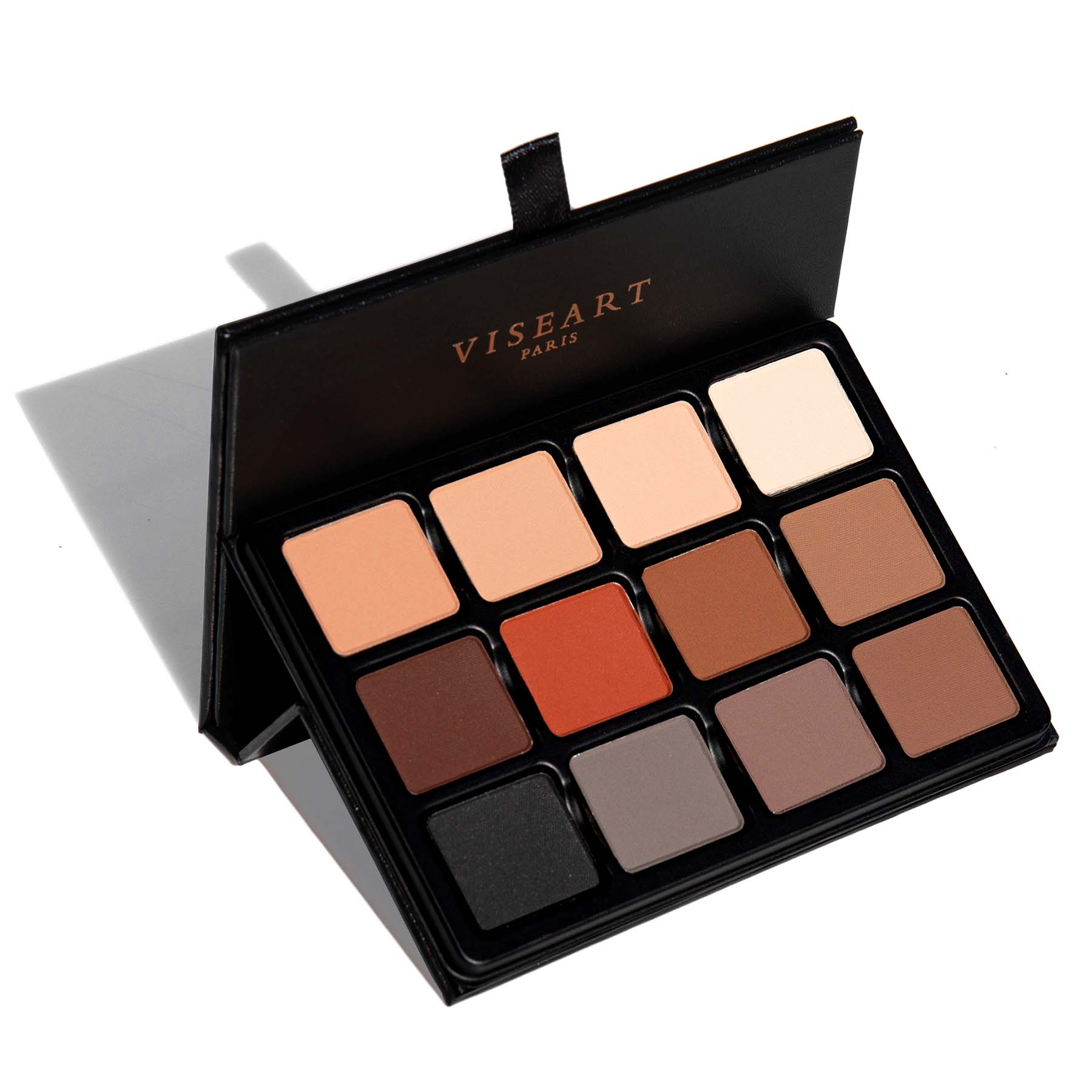 Open palette with all-matte neutral shades from ivory to bark brown, ideal for contour, lid, and brow work across all skin tones.