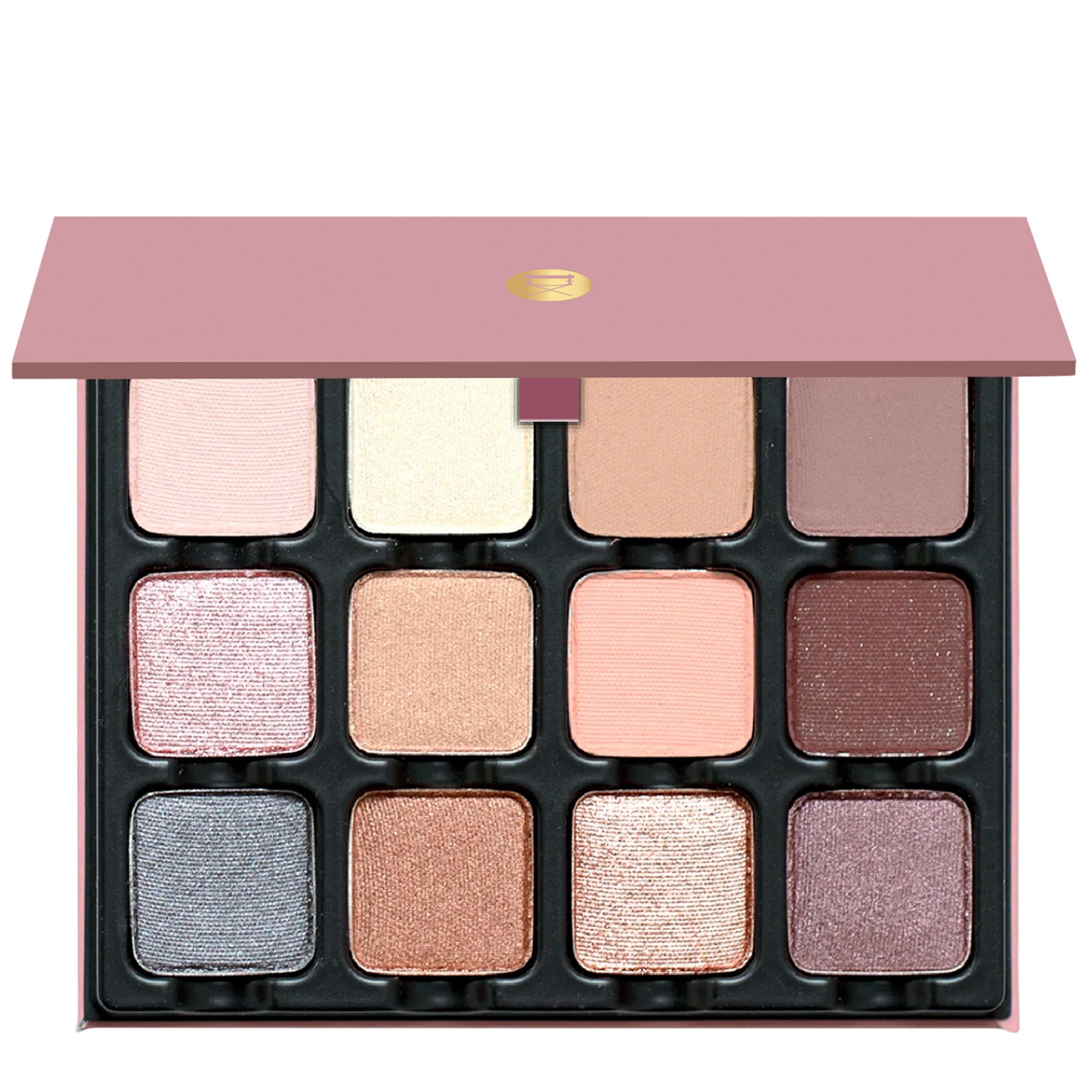 Open Paris Edit 12-pan palette on a white background showcasing swatches of dusty pink, mauve, camel brown, and smoky purple in matte, metallic, and satin finishes.