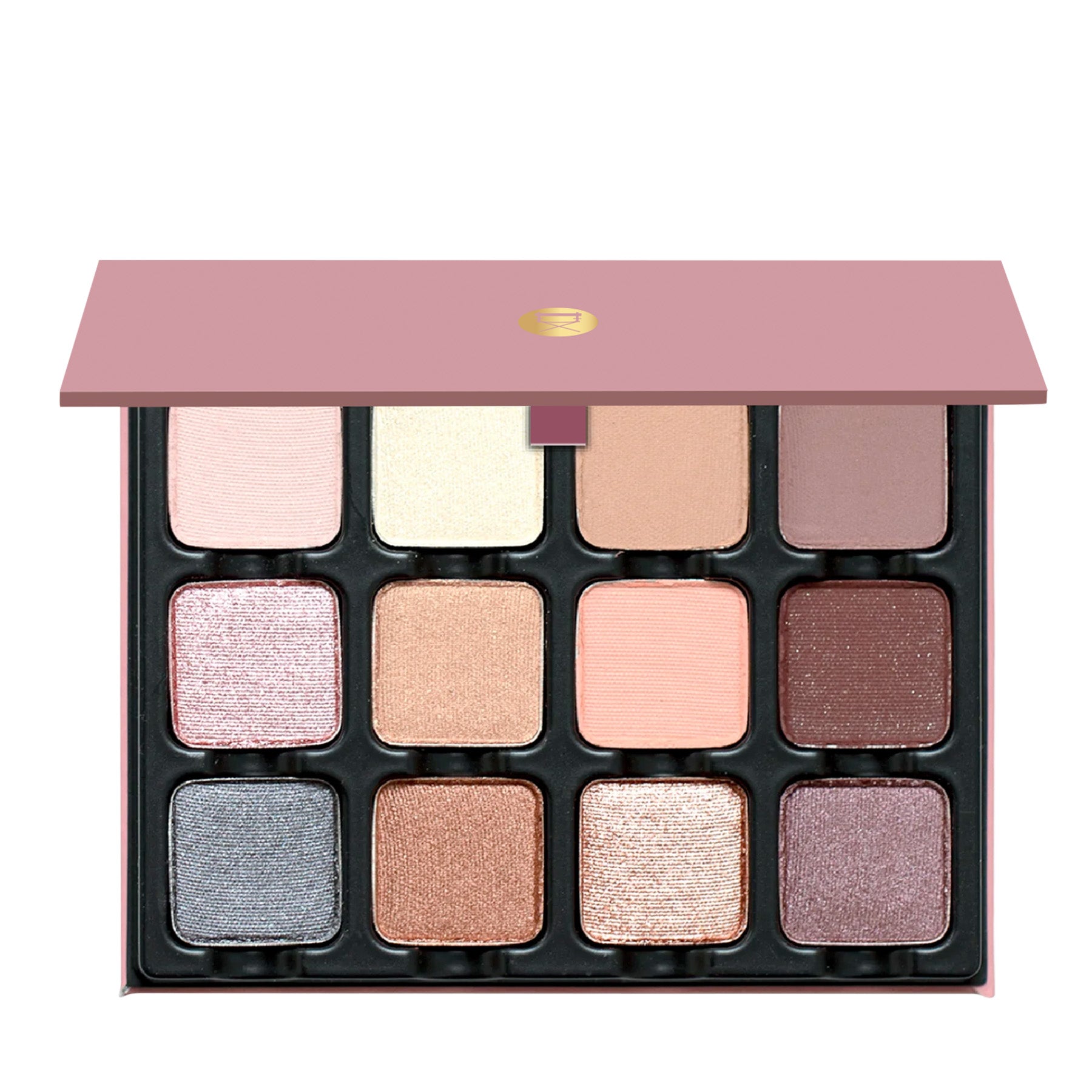 Open Paris Edit 12-pan palette on a white background showcasing swatches of dusty pink, mauve, camel brown, and smoky purple in matte, metallic, and satin finishes.