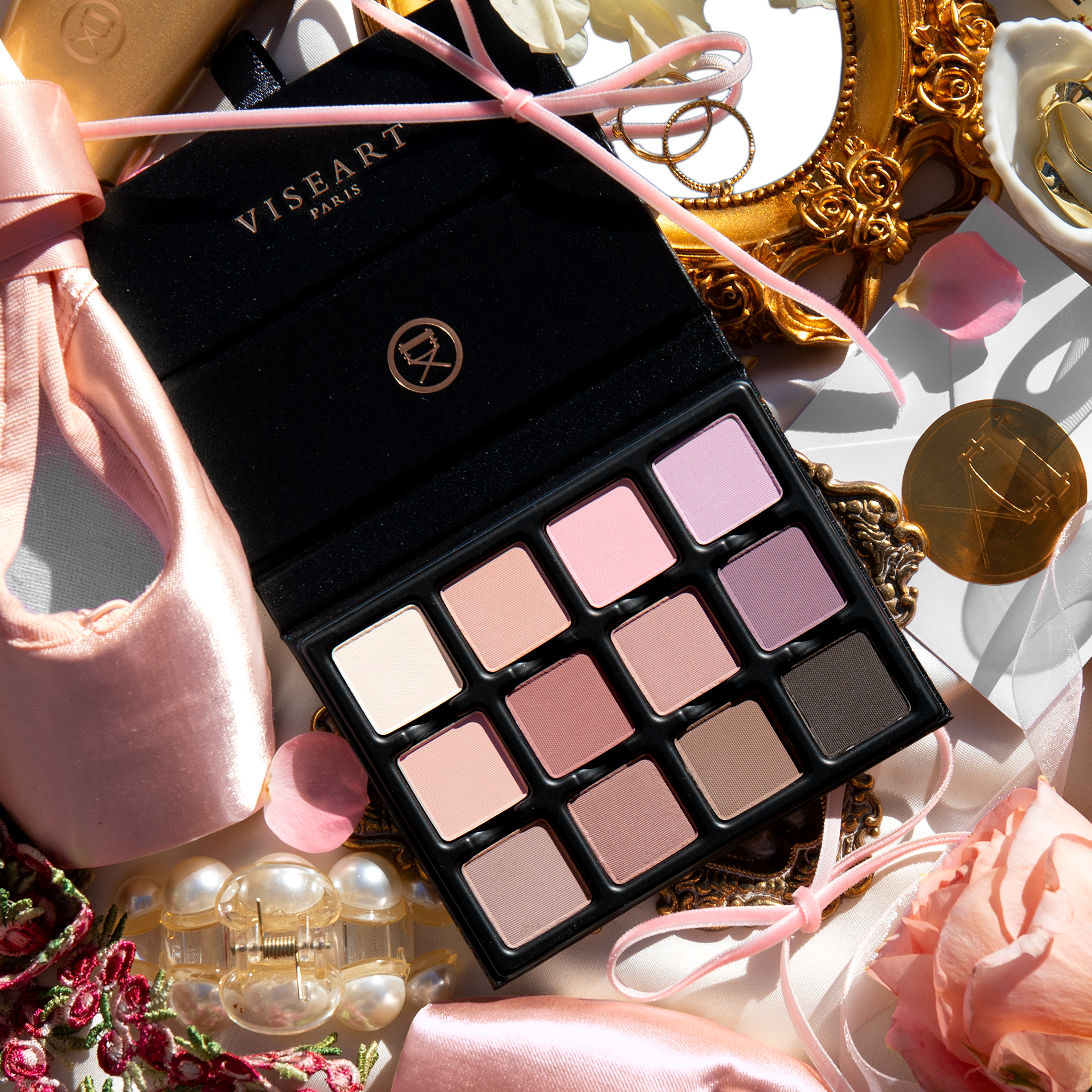 Open VisePRO™ Paris Mattes Étendu 12-pan palette on a ballet-inspired background featuring pressed powder eyeshadows in delicate pink, beige, mauve, and espresso hues.