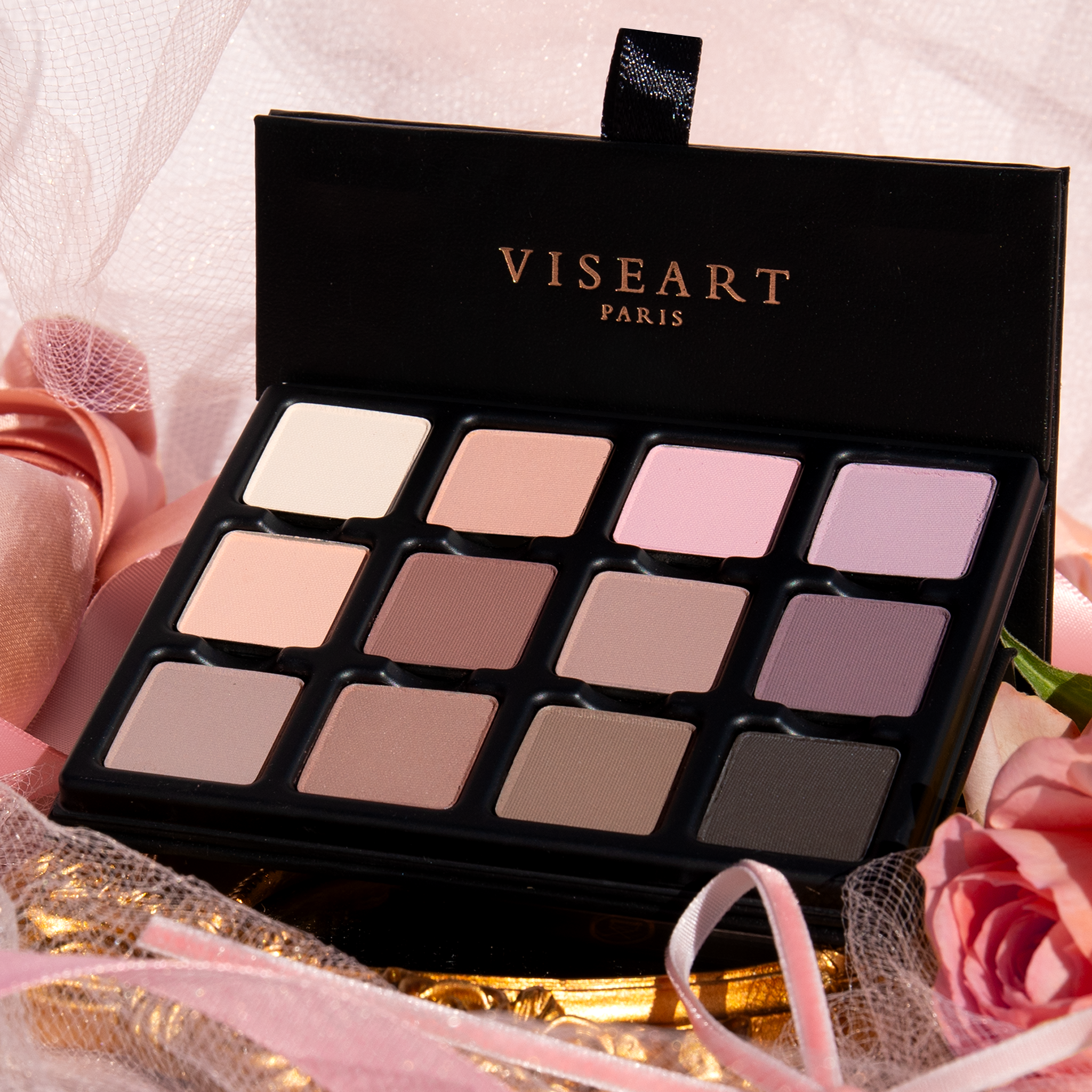 Open VisePRO™ Paris Mattes Étendu 12-pan palette on a ballet-inspired background featuring pressed powder eyeshadows in delicate pink, beige, mauve, and espresso hues.