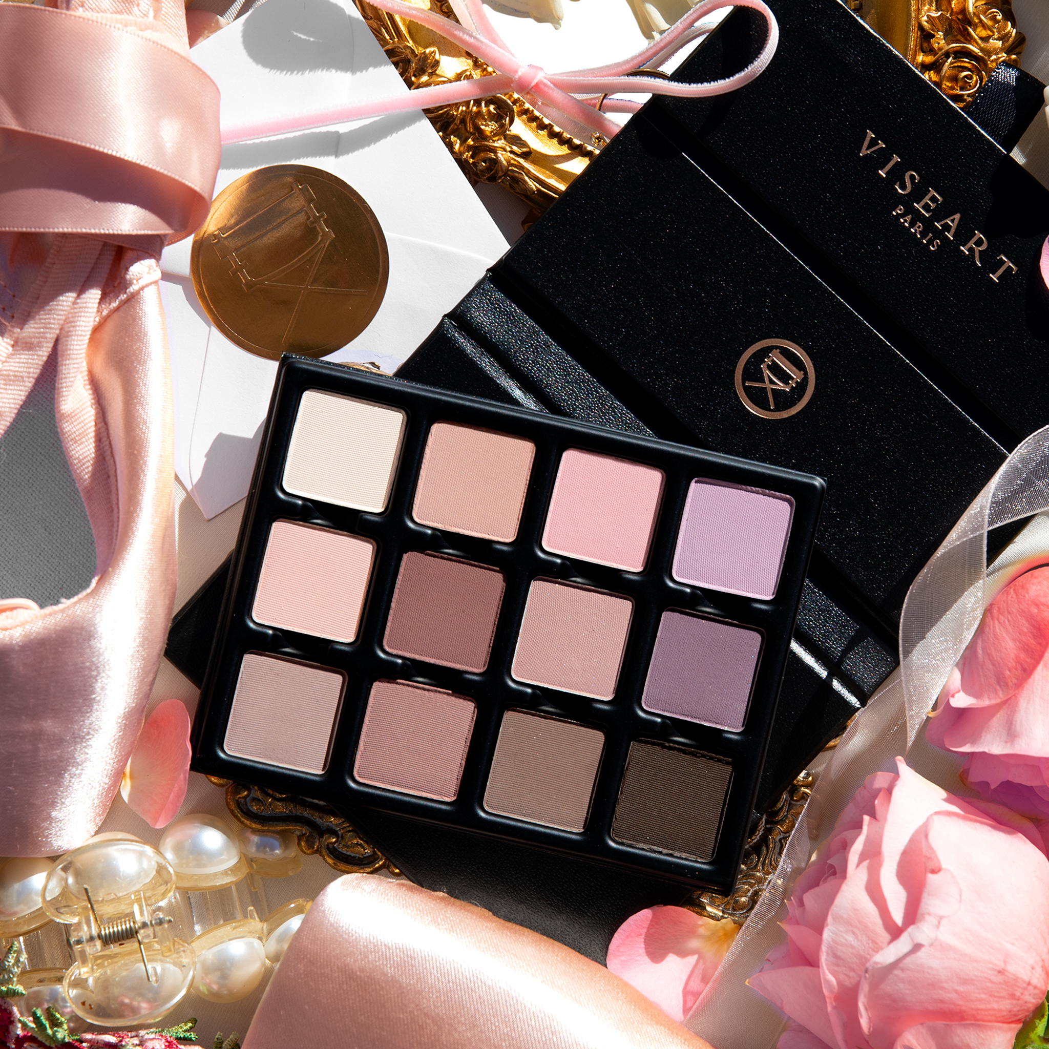 Open VisePRO™ Paris Mattes Étendu 12-pan palette on a ballet-inspired background featuring pressed powder eyeshadows in delicate pink, beige, mauve, and espresso hues.