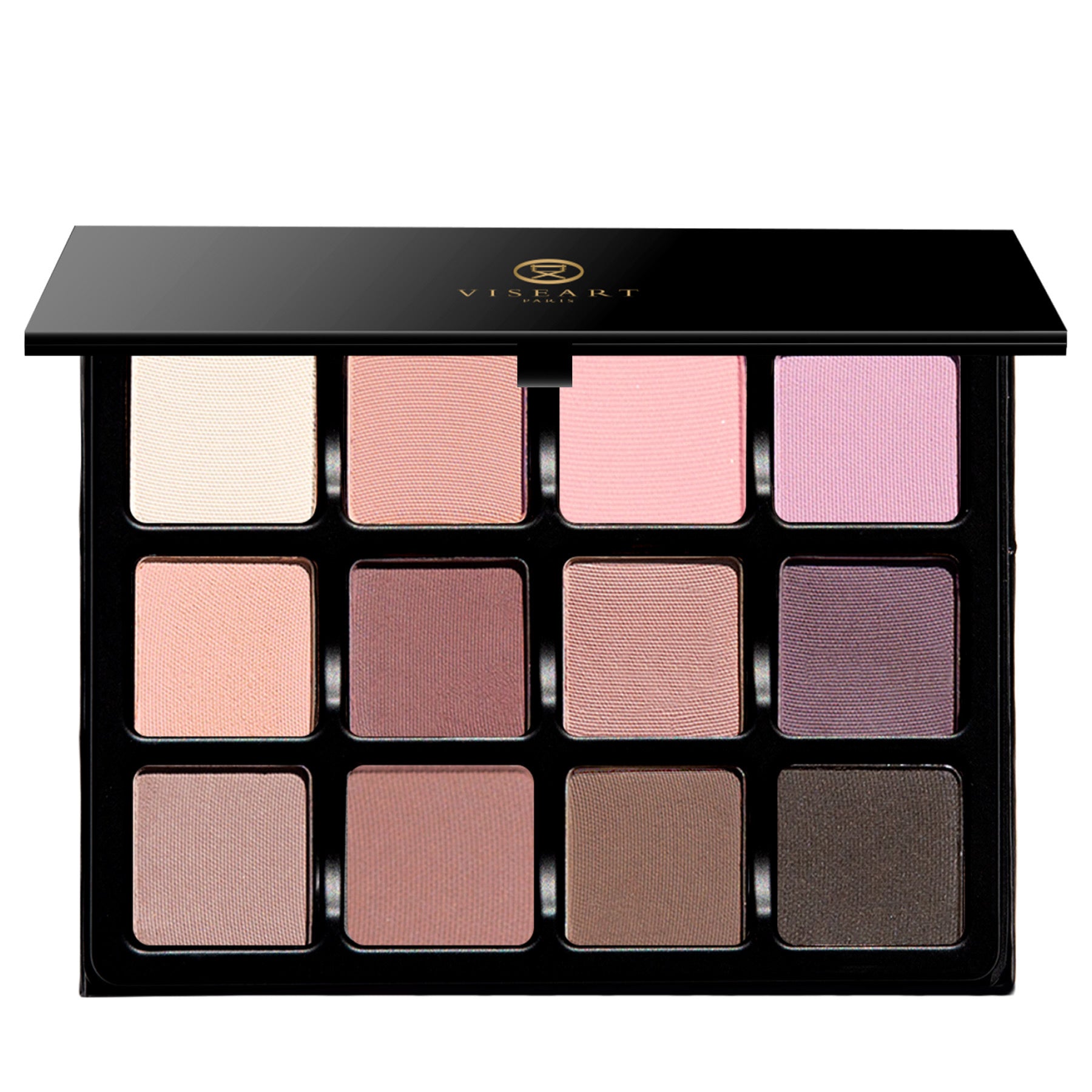 Open VisePRO™ Paris Mattes Étendu 12-pan palette on white background featuring pressed powder eyeshadows in delicate pink, beige, mauve, and espresso hues.