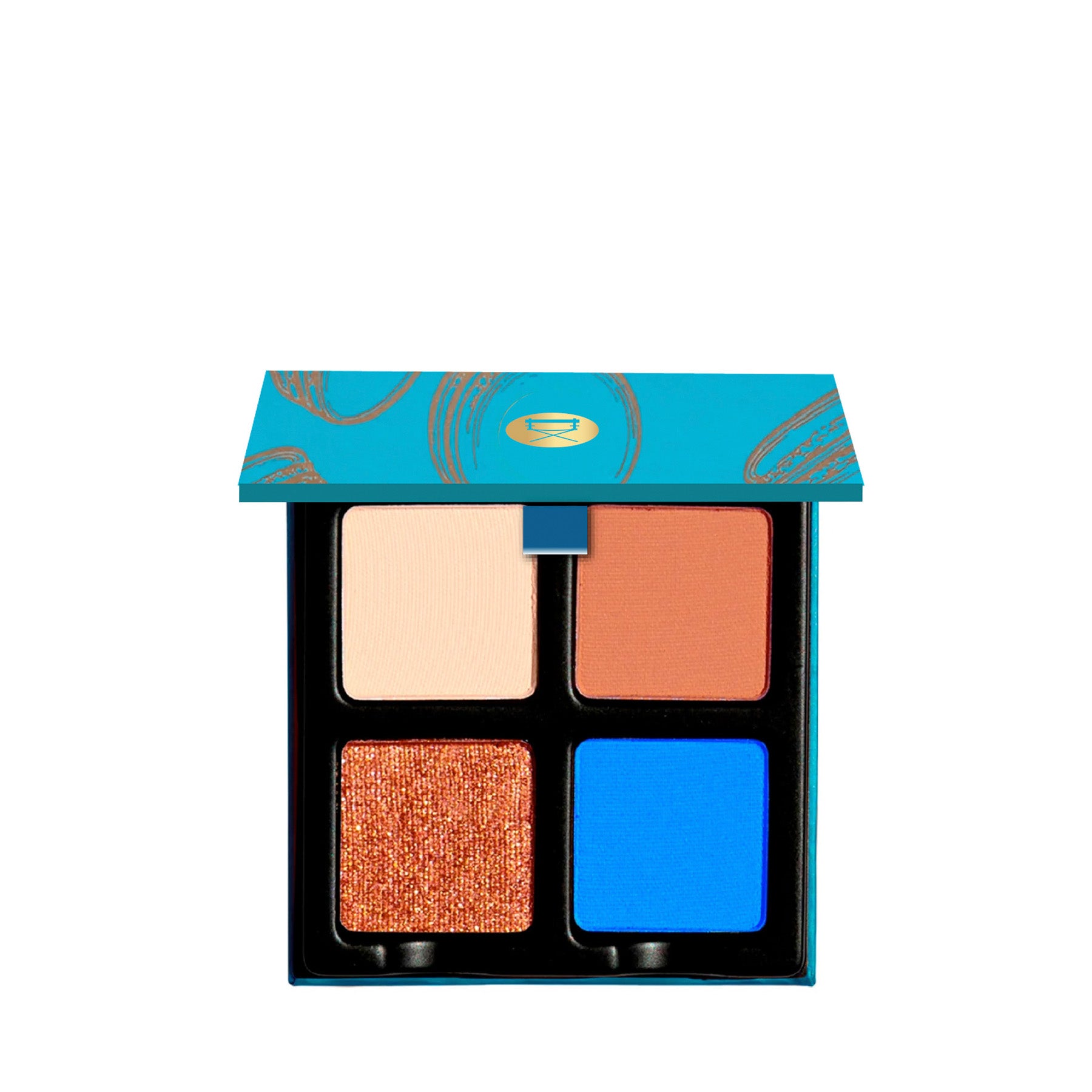 Open view of Petits Fours Pastille palette with cream matte, rich brown, caramel shimmer, and cobalt blue accent.