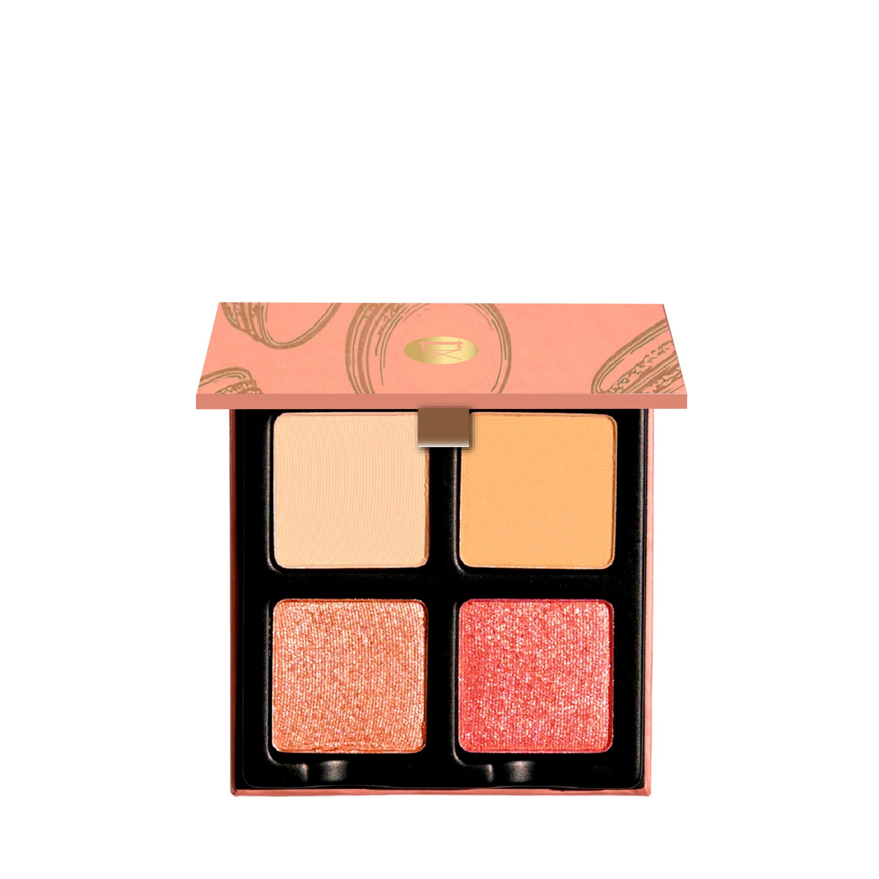 Open Petits Fours Pêche showing peach shimmer, coral satin, and soft apricot matte shades.