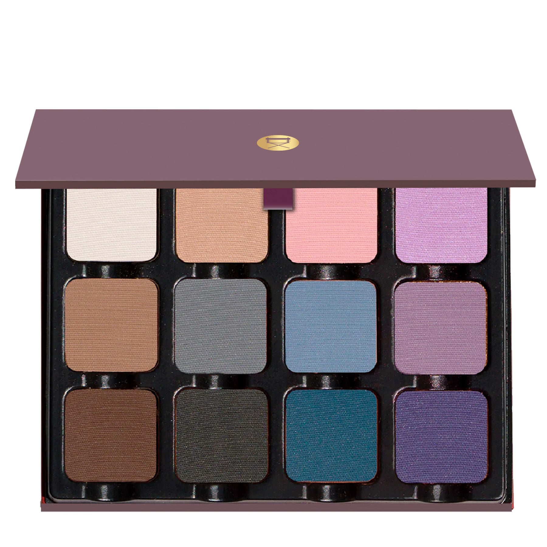 Open palette with cool matte shades in lilac, mauve, and taupe, perfect for soft sculpting and romantic tones.