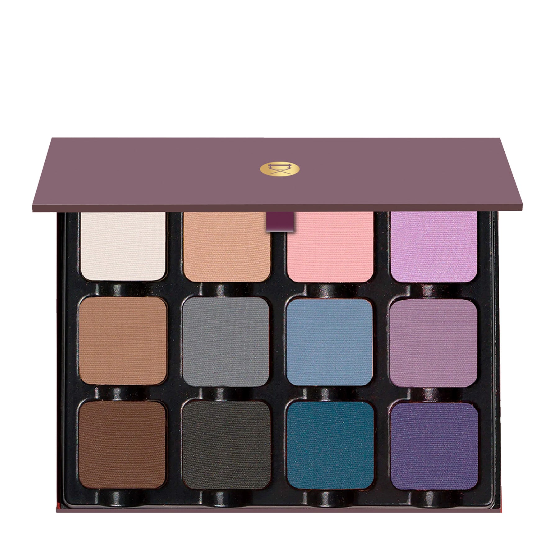 Open palette with cool matte shades in lilac, mauve, and taupe, perfect for soft sculpting and romantic tones.