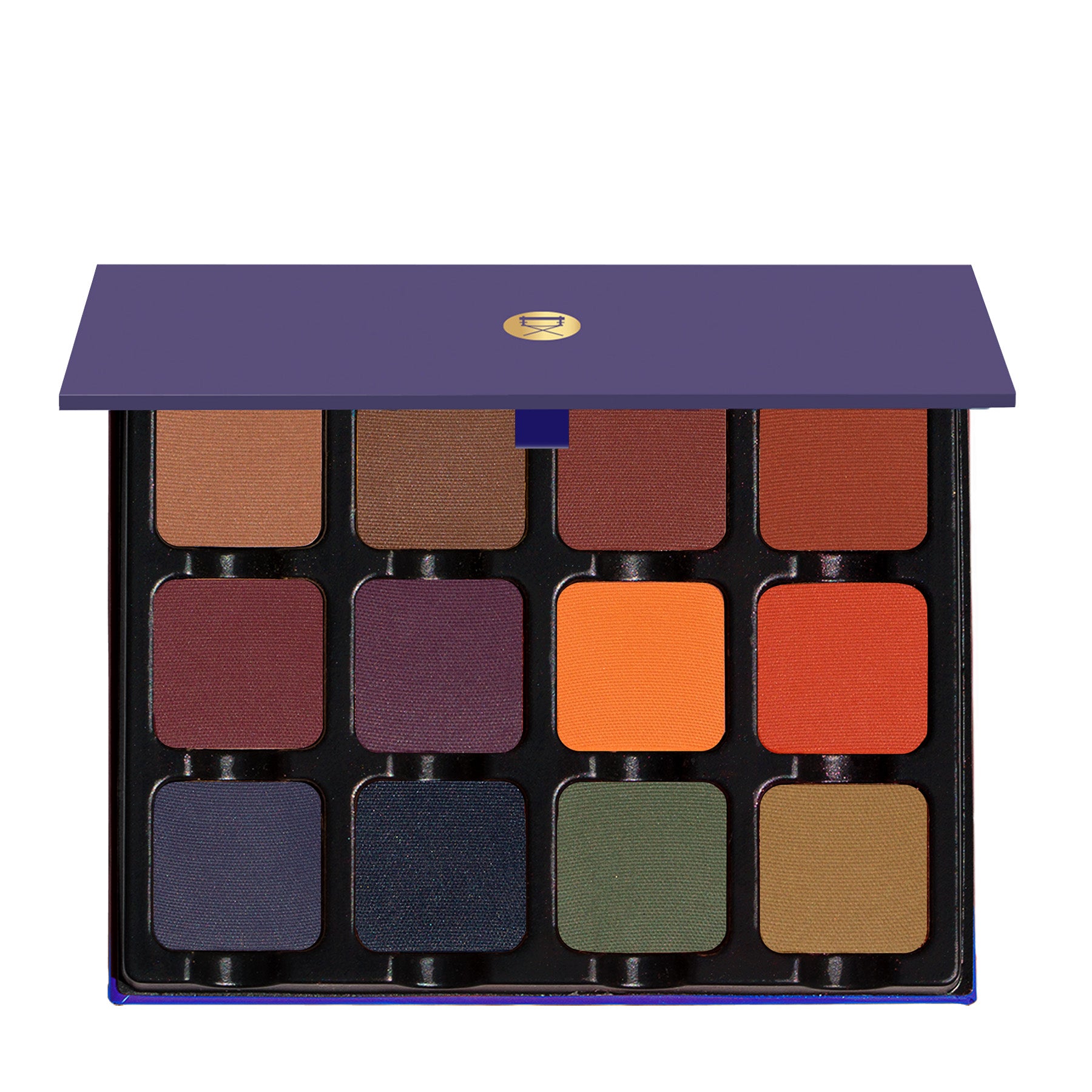 Open palette displaying deep matte hues like navy, plum, and bark brown for bold smoky or editorial looks.