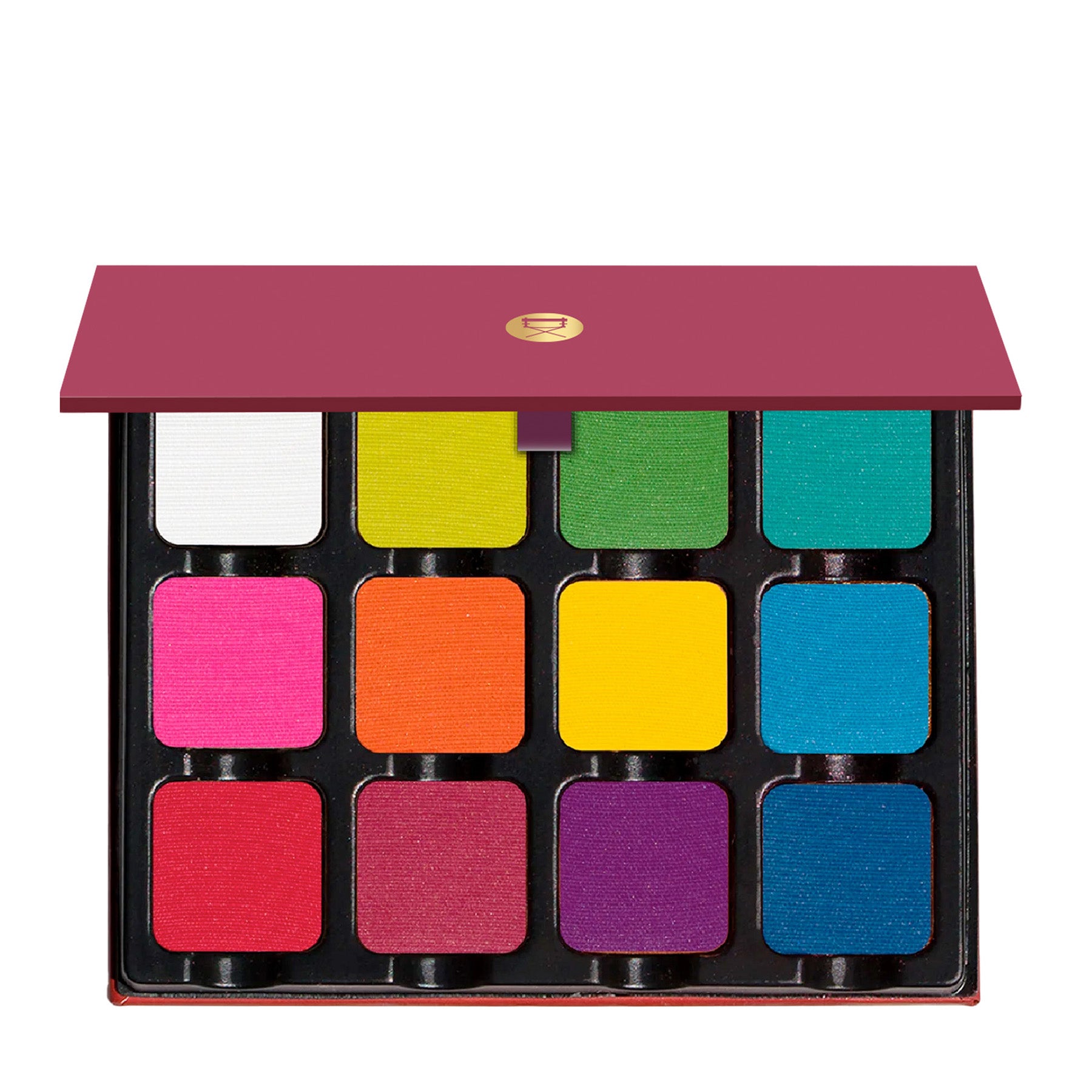 Open palette with 12 bright matte pigments including red, blue, yellow, and green, perfect for creative, editorial makeup.