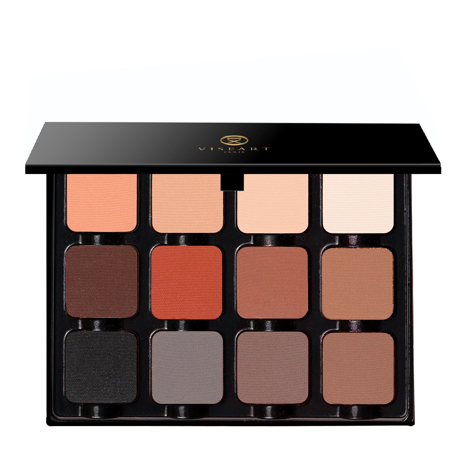 Makeup palette with various shades of eyeshadows in a black Vissagi branded case.
