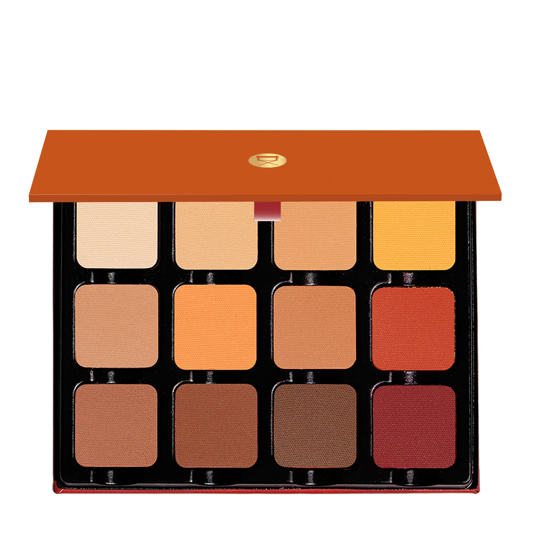 Open palette featuring warm matte tones like terracotta, sienna, and peach, designed for soft glam and bridal looks.