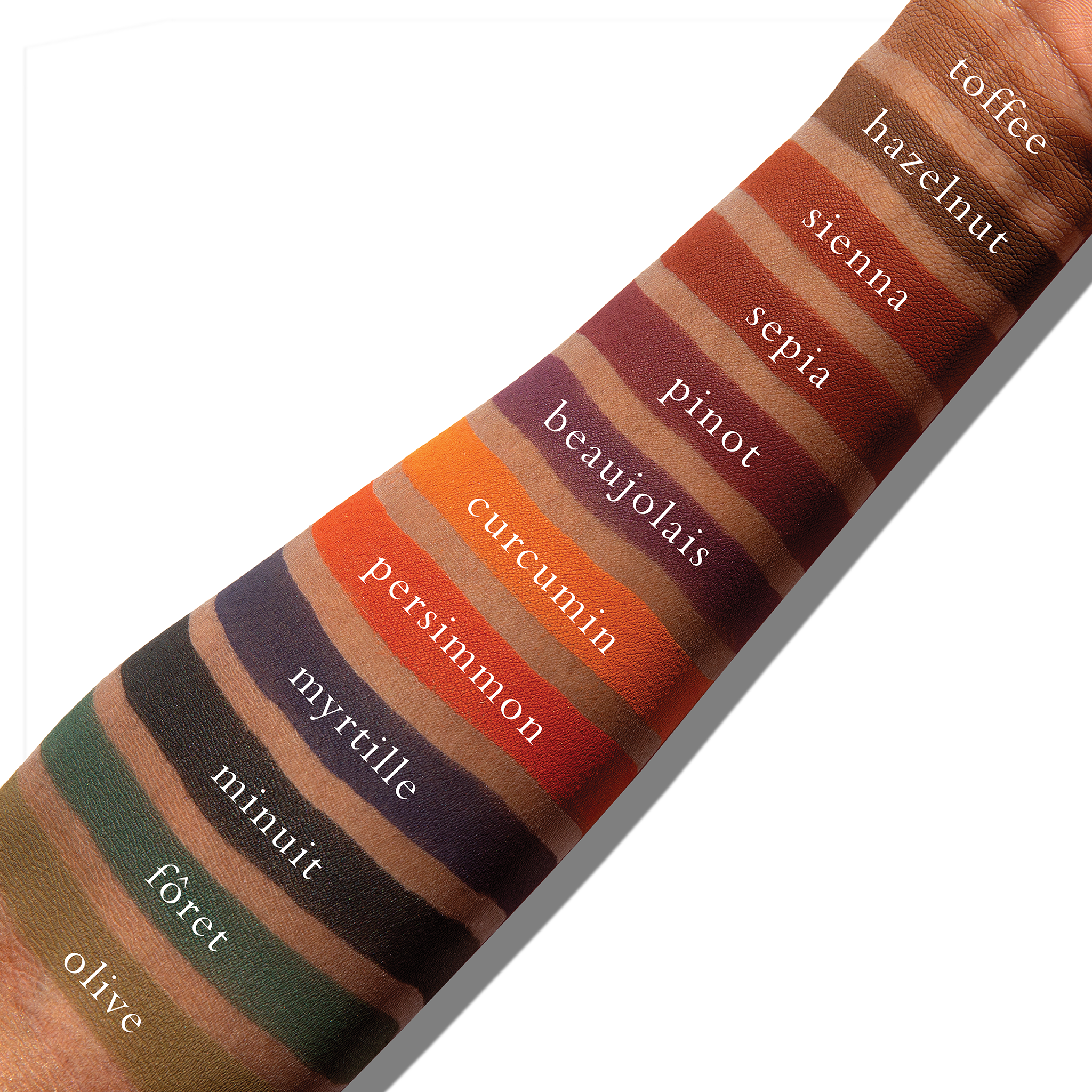 Swatches of deep matte tones on deep skin, including bark brown and eggplant, showing intense depth and definition.