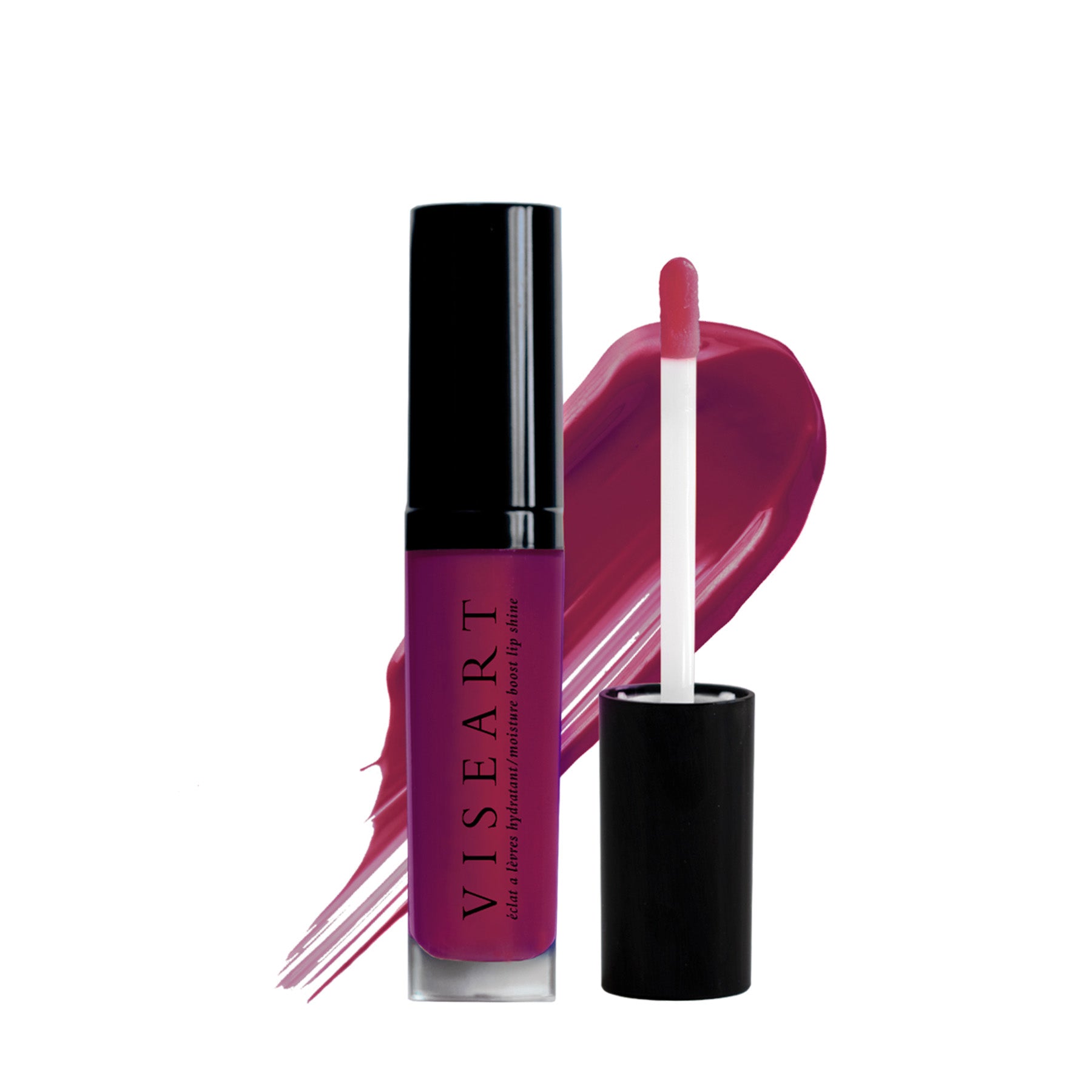 Viseart Moisture Boost Oil Lip Shine in ‘Plumeria’ – a clear tube with black cap, showcasing a vibrant fuchsia-tinted lip oil.