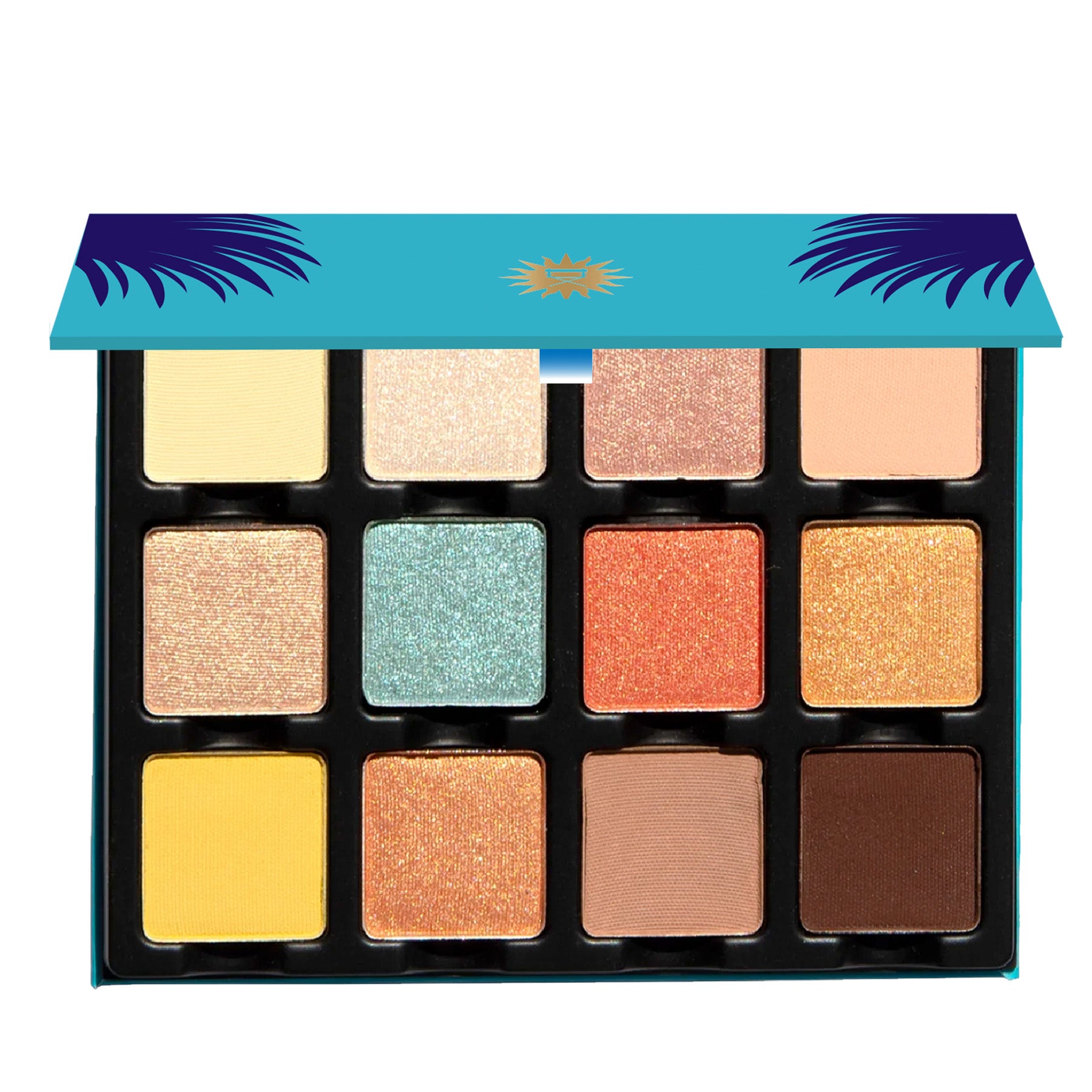 Open palette of vibrant beach tones including coral shimmer, sunbeam gold, and bronze foil for summer glam.