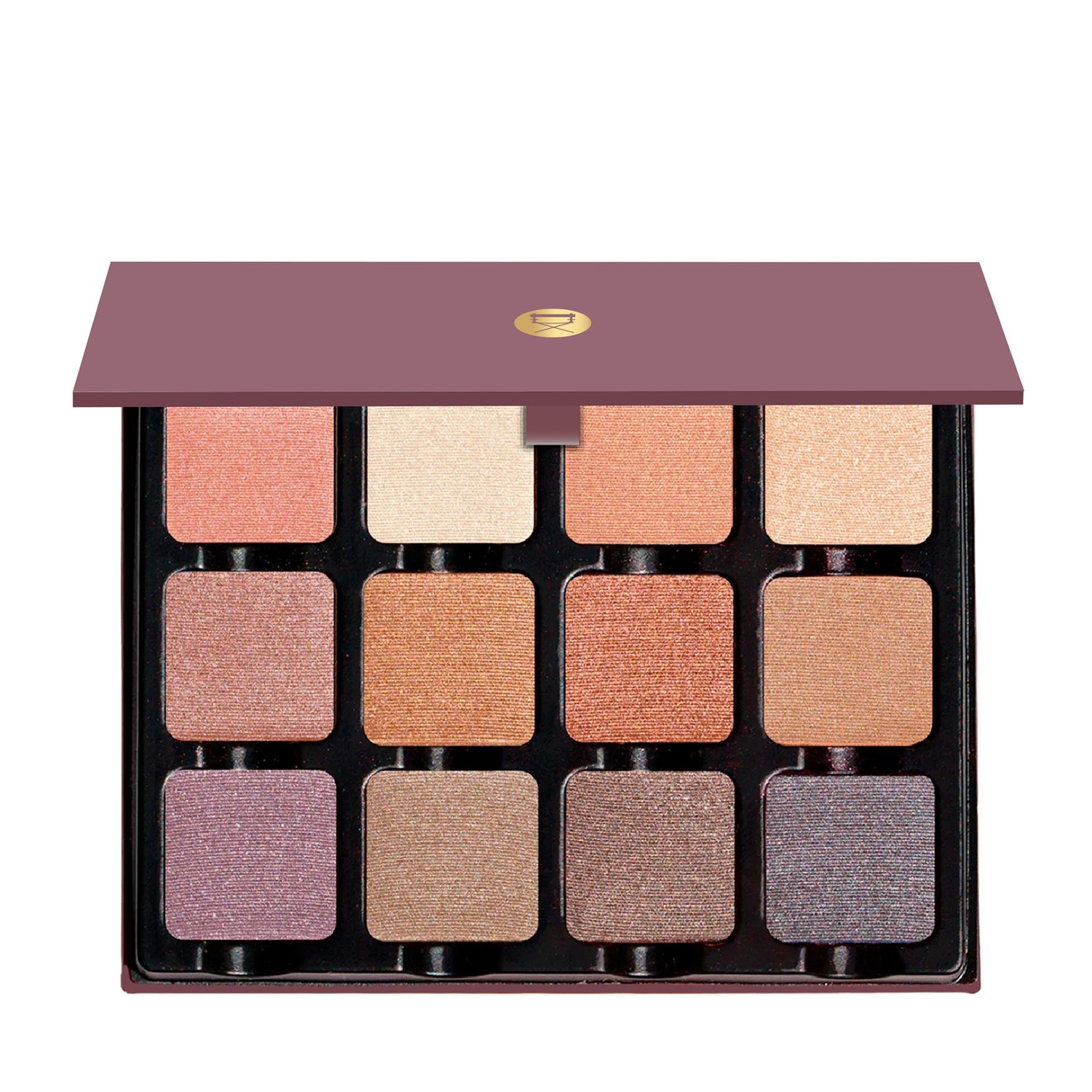 Open Petites Shimmers Paris Nudes 12-pan palette displaying 12 pressed powders in a range of nude, peach, rose and plum shades in satin, metallic, and shimmery hues.