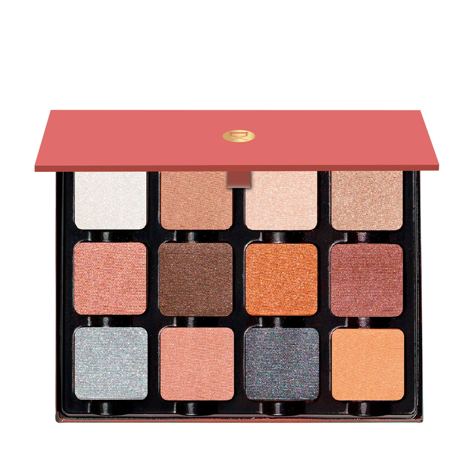 Open Petites Shimmers Sultry Muse 12-pan palette displaying 12 pressed powders in a range of warm brown, rose, copper, and silver shades in satin, metallic, and shimmer finishes.