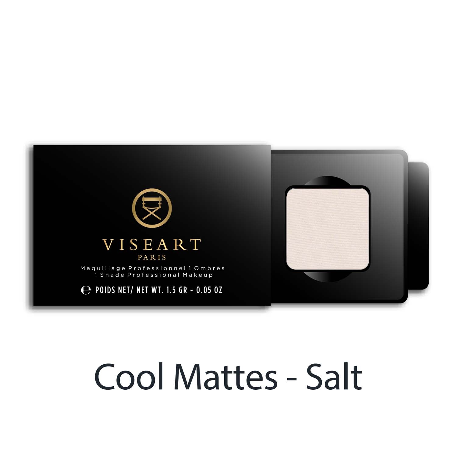 Viseart 1.5g Single Eyeshadow Pan in ‘salt’ — a cool matte white shade in a square metal pan with rounded corners.