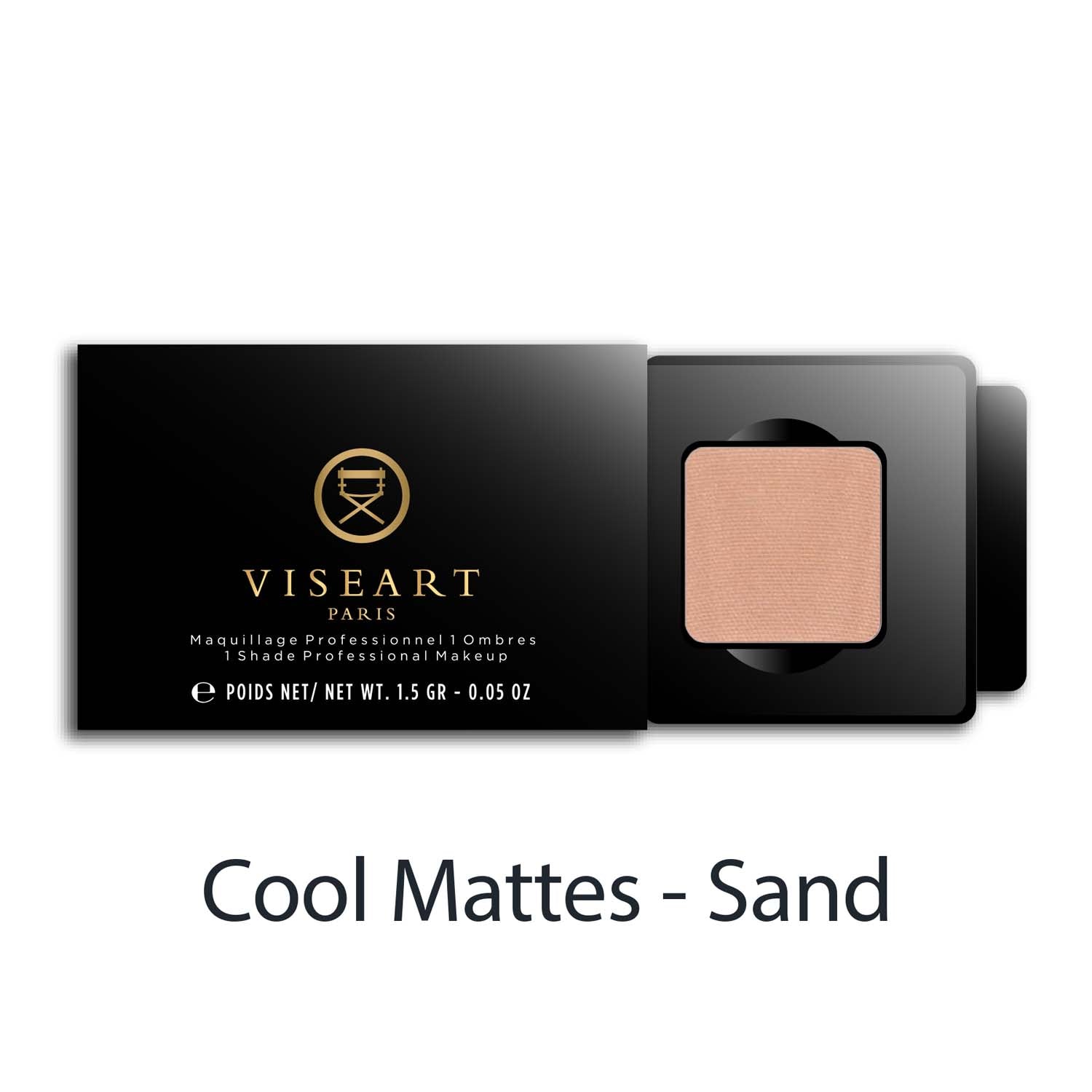 Viseart 1.5g Single Eyeshadow Pan in ‘sand’ — a matte light tan shade in a square metal pan with rounded corners.