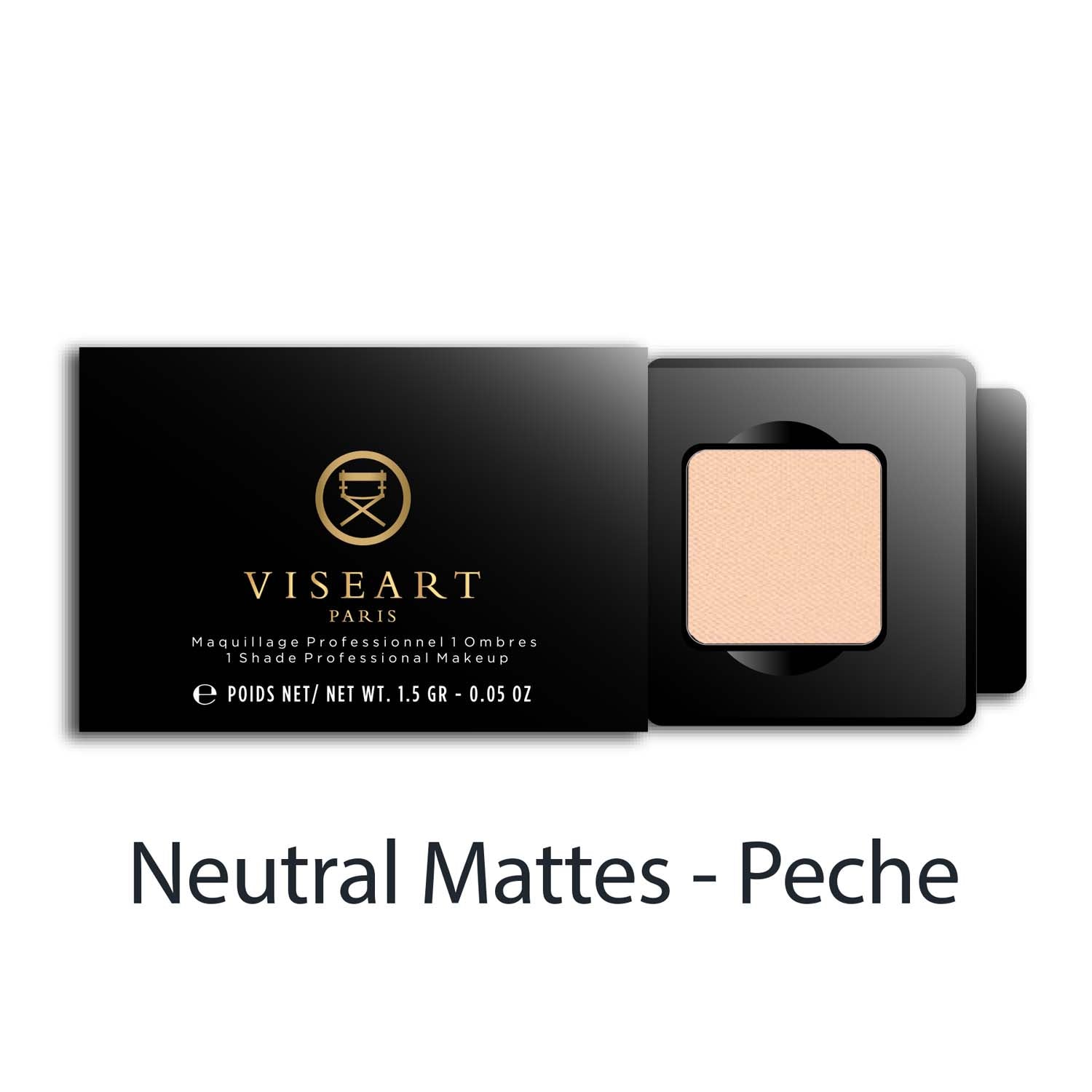Viseart 1.5g Single Eyeshadow Pan in ‘Peche’ — a matte light tan shade in a square metal pan with rounded corners.