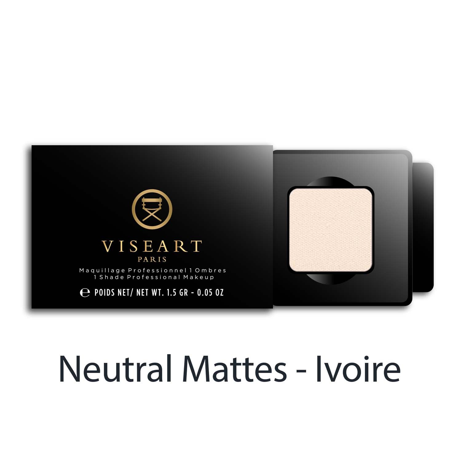 Viseart 1.5g Single Eyeshadow Pan in ‘Ivoire’ — a matte light off white shade in a square metal pan with rounded corners.