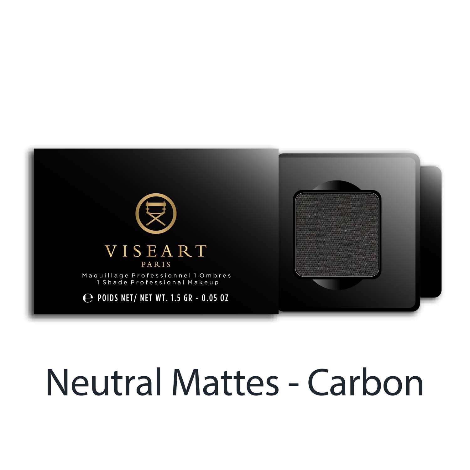 Viseart 1.5g Single Eyeshadow Pan in ‘Carbon’ — a matte black shade in a square metal pan with rounded corners.