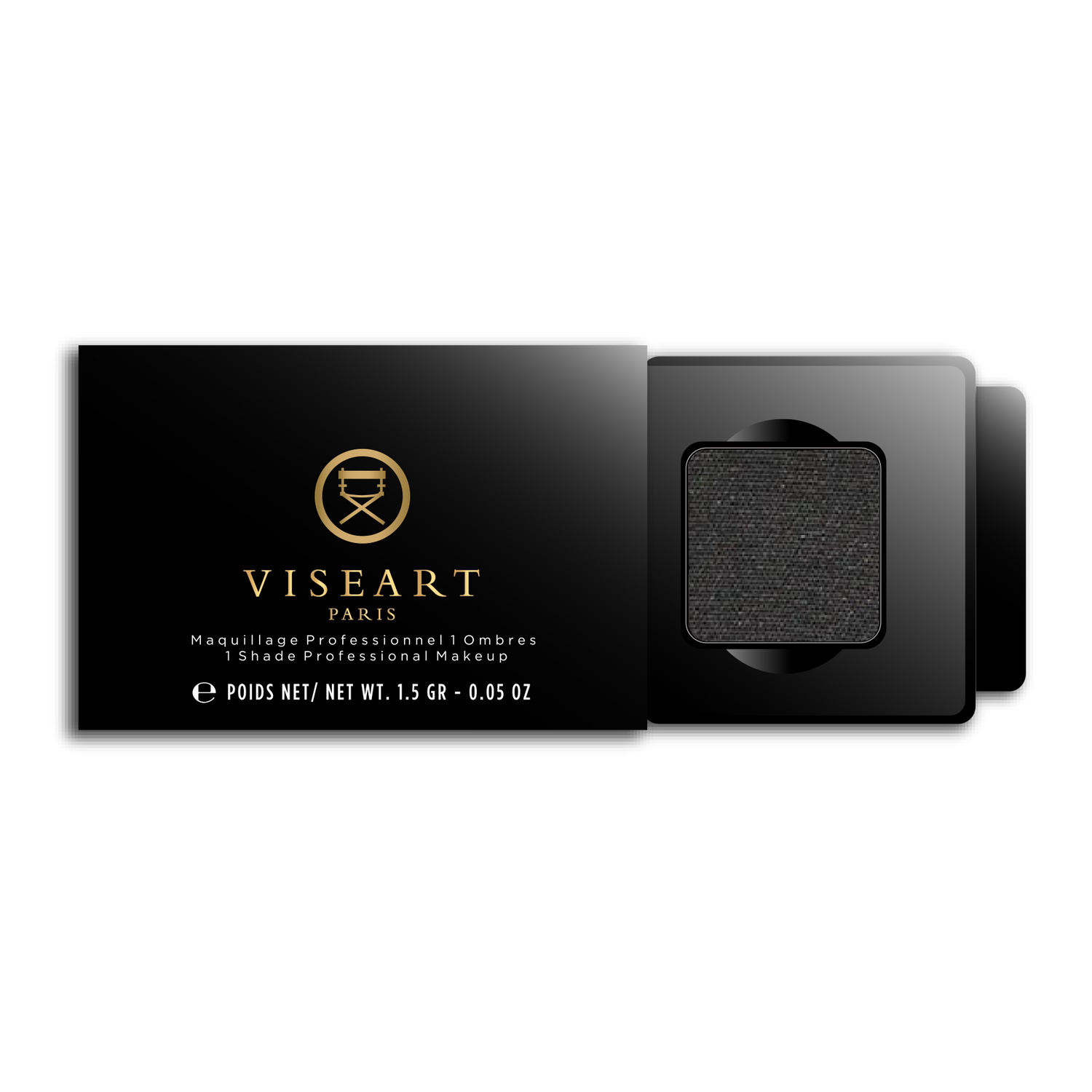 Viseart 1.5g Single Eyeshadow Pan in ‘Carbon’ — a matte black shade in a square metal pan with rounded corners.