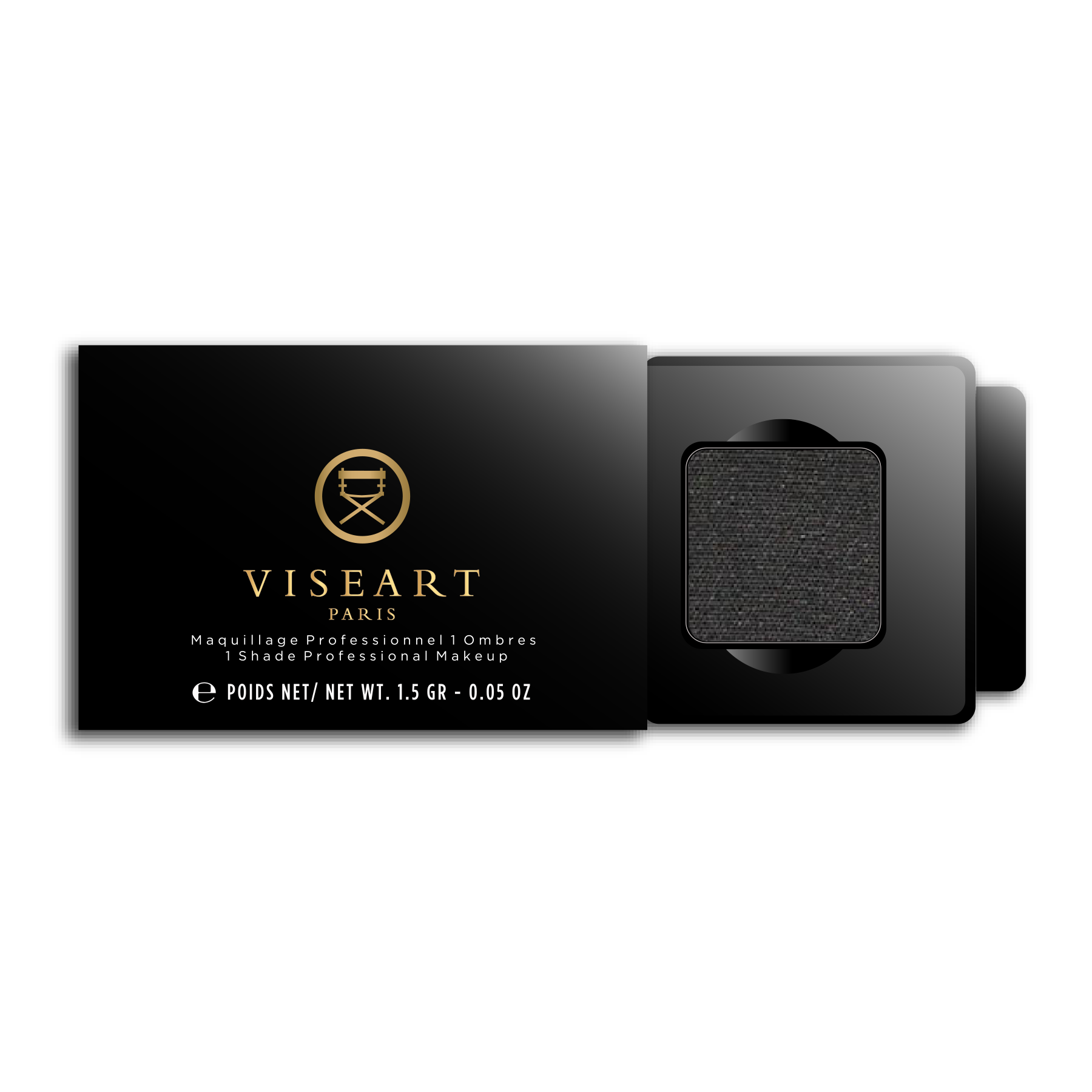 Viseart 1.5g Single Eyeshadow Pan in ‘Carbon’ — a matte black shade in a square metal pan with rounded corners.