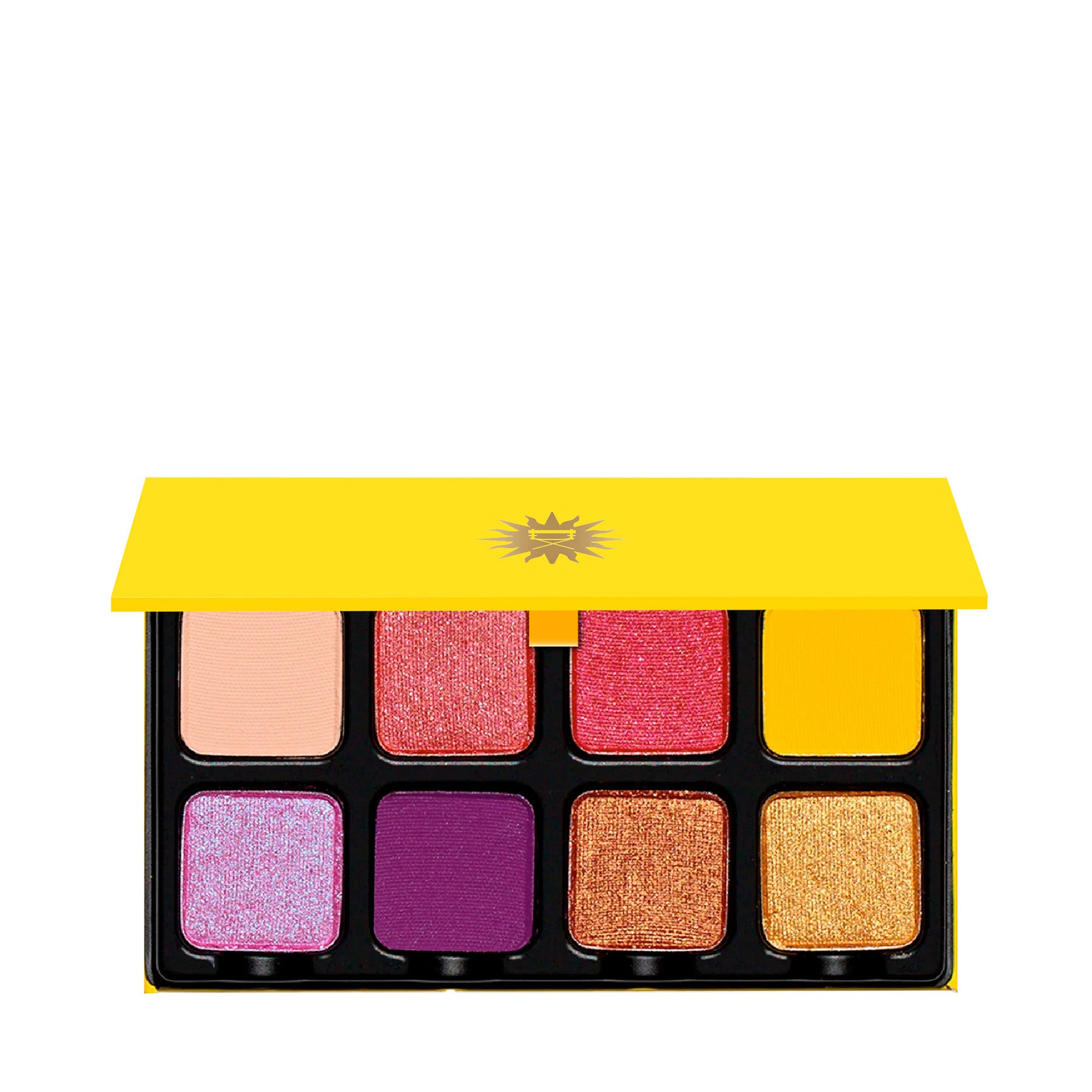 Open Petit Pro Soleil palette featuring bright citrus, coral, lavender, and golden shimmer tones